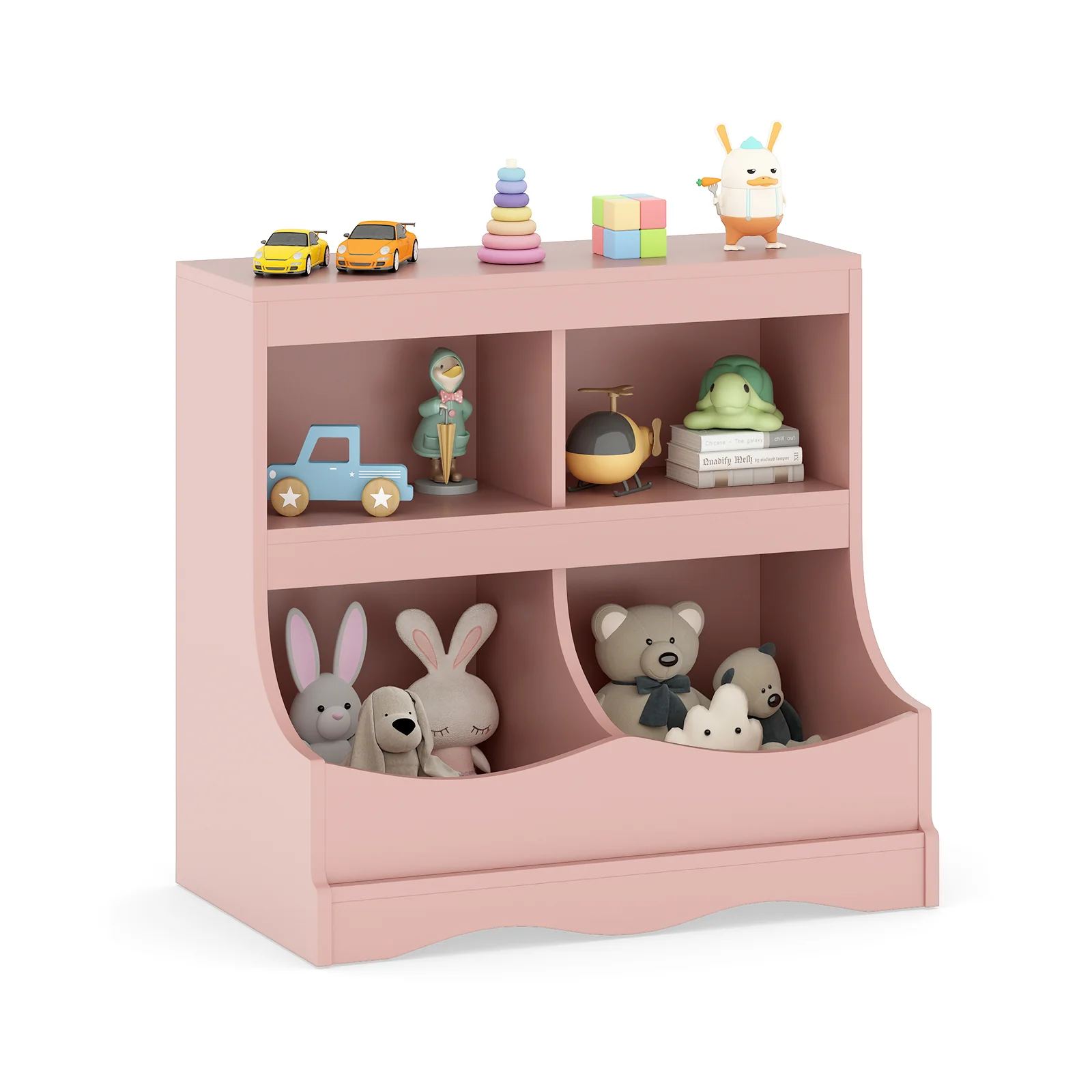 Toy Storage Organizer 4-Cubby Kids Bookcase for Toys and Books, Pink - Image 4