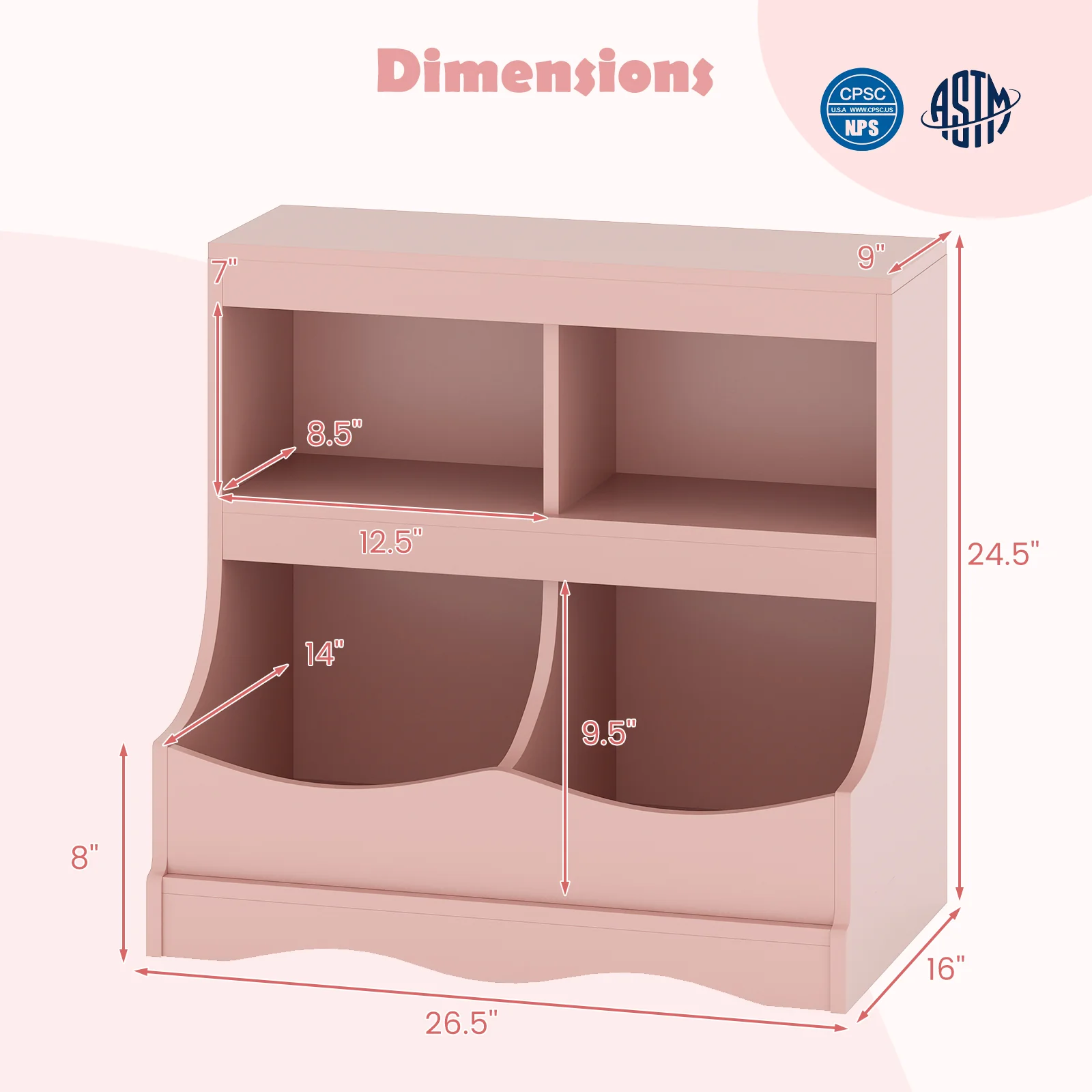 Toy Storage Organizer 4-Cubby Kids Bookcase for Toys and Books, Pink - Image 6