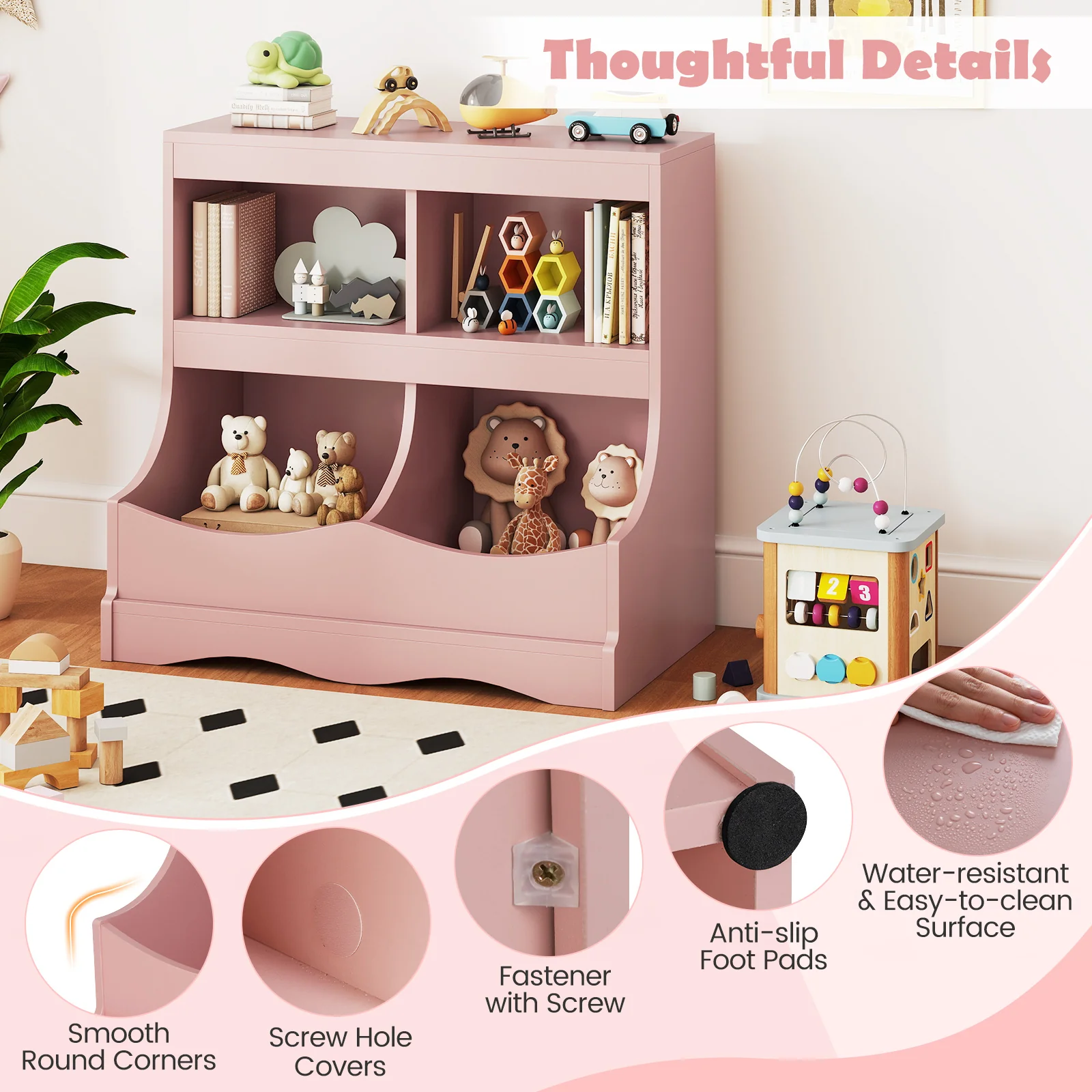 Toy Storage Organizer 4-Cubby Kids Bookcase for Toys and Books, Pink - Image 7