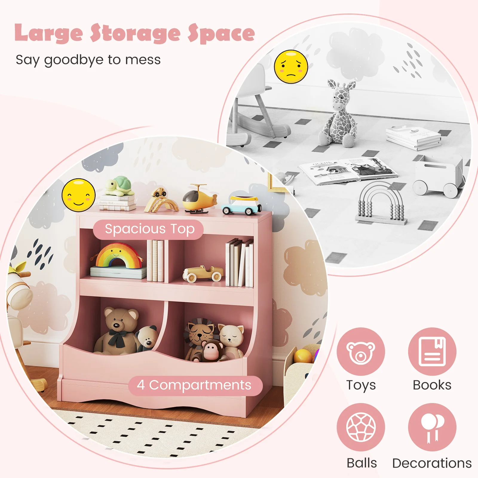 Toy Storage Organizer 4-Cubby Kids Bookcase for Toys and Books, Pink - Image 8