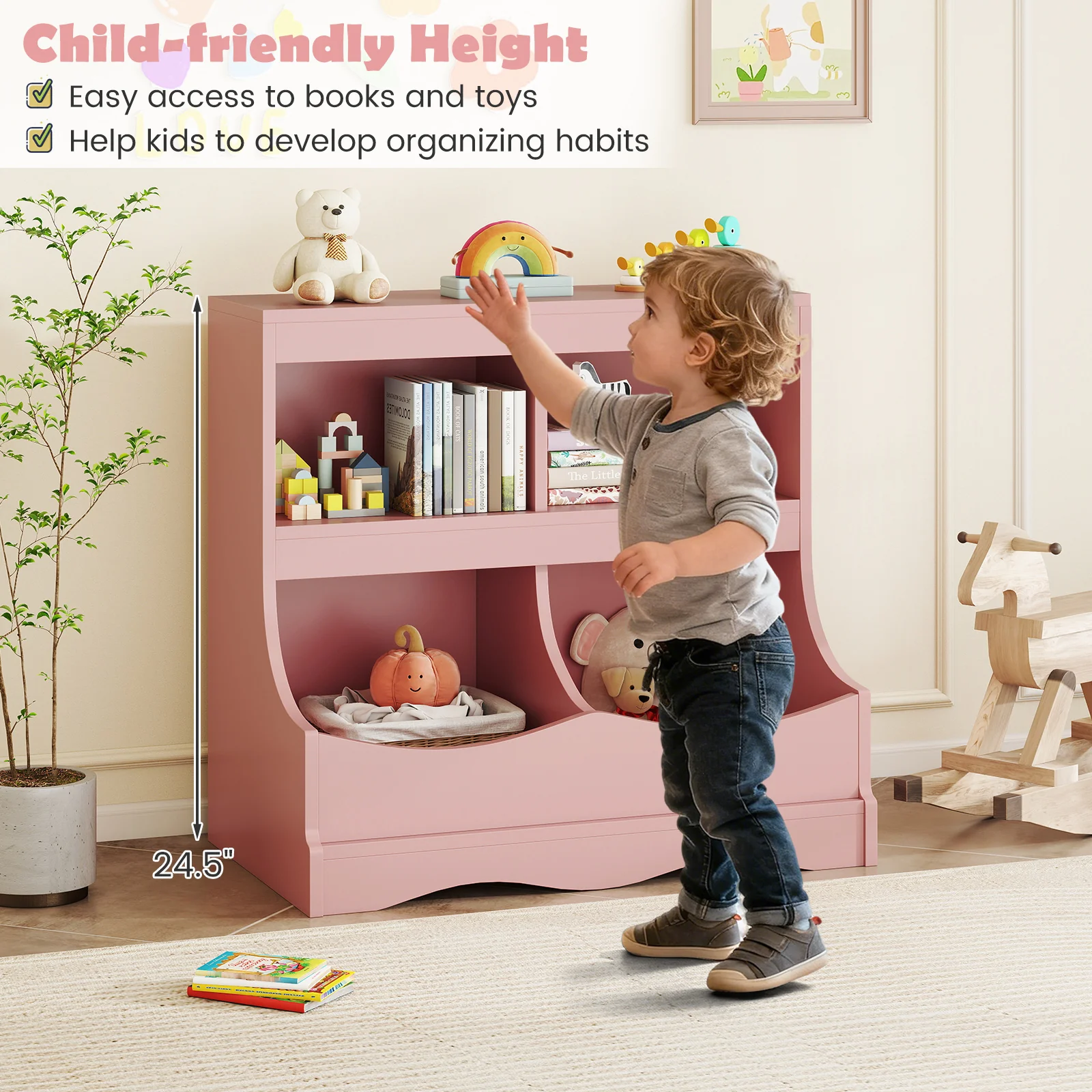Toy Storage Organizer 4-Cubby Kids Bookcase for Toys and Books, Pink - Image 9