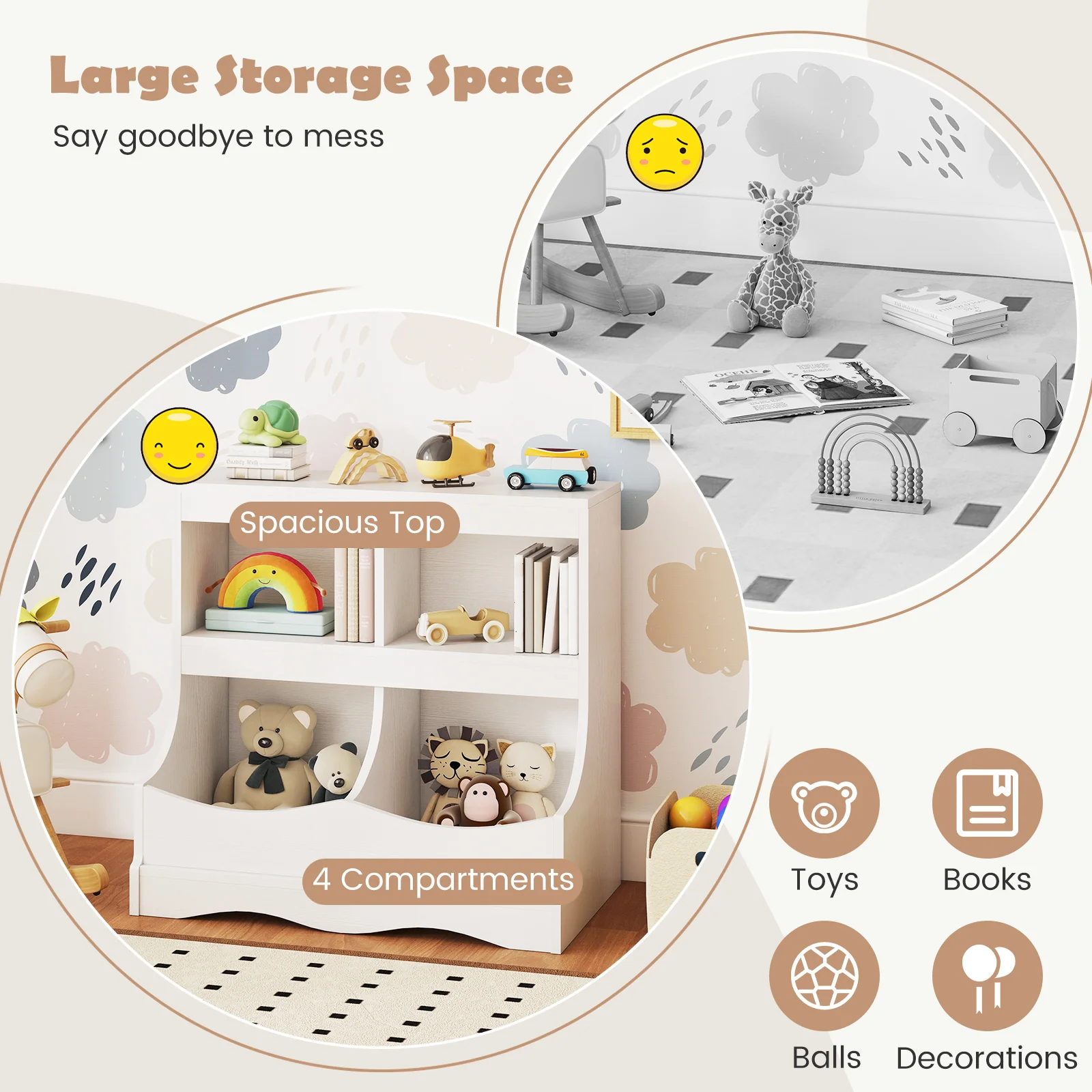 Toy Storage Organizer 4-Cubby Kids Bookcase for Toys and Books, White - Image 10