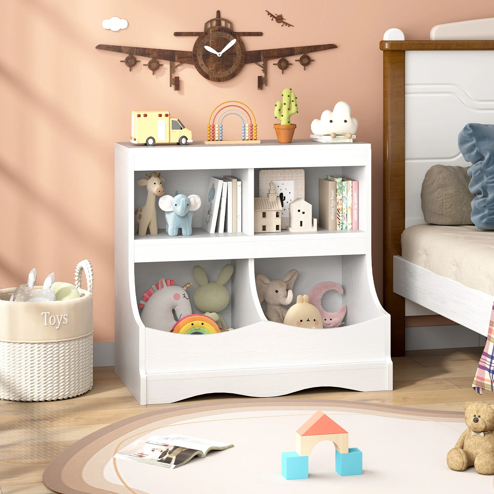 Toy Storage Organizer 4-Cubby Kids Bookcase for Toys and Books, White - Image 2