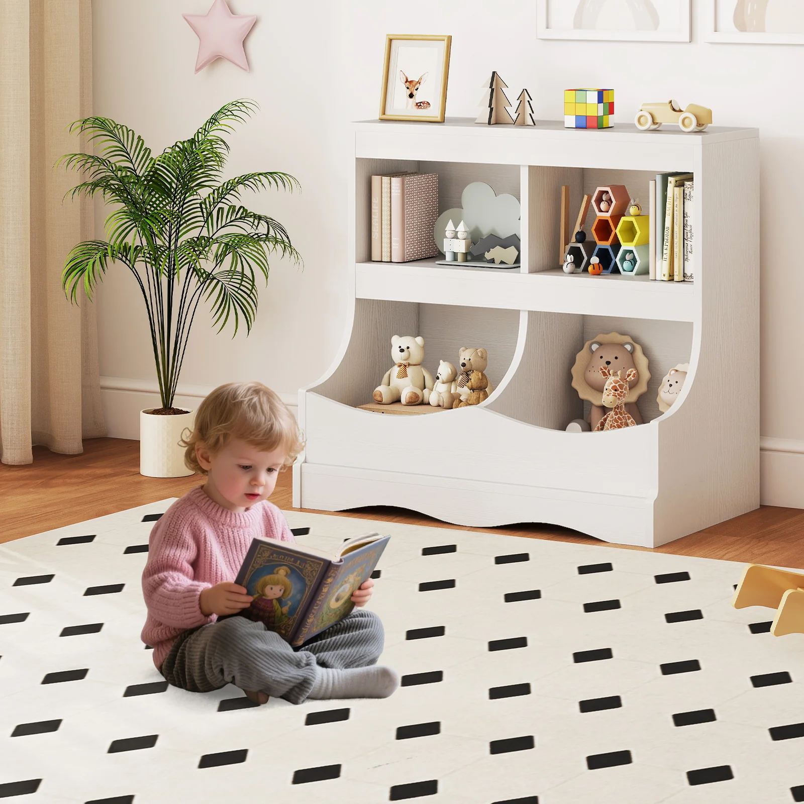 Toy Storage Organizer 4-Cubby Kids Bookcase for Toys and Books, White - Image 3