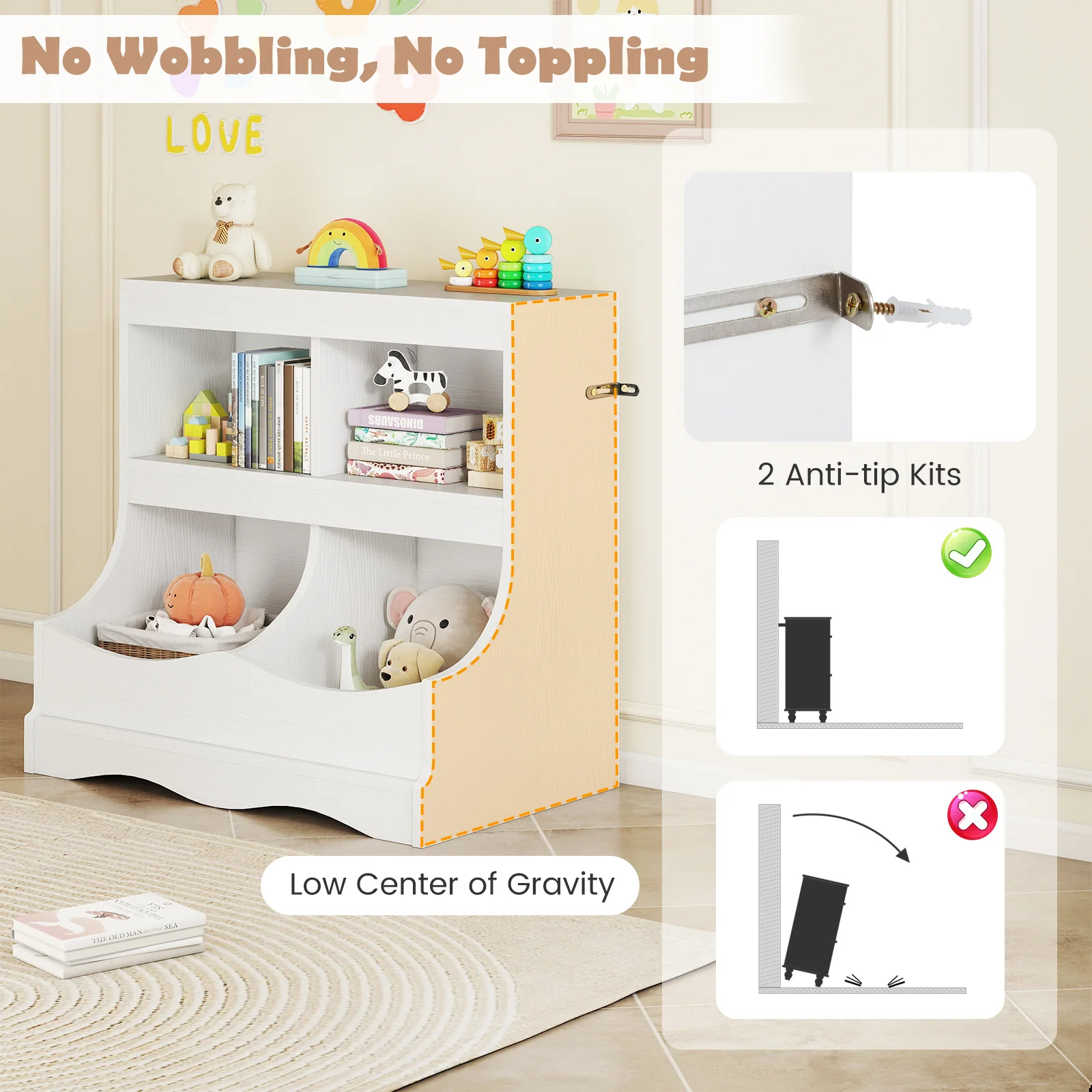 Toy Storage Organizer 4-Cubby Kids Bookcase for Toys and Books, White - Image 7