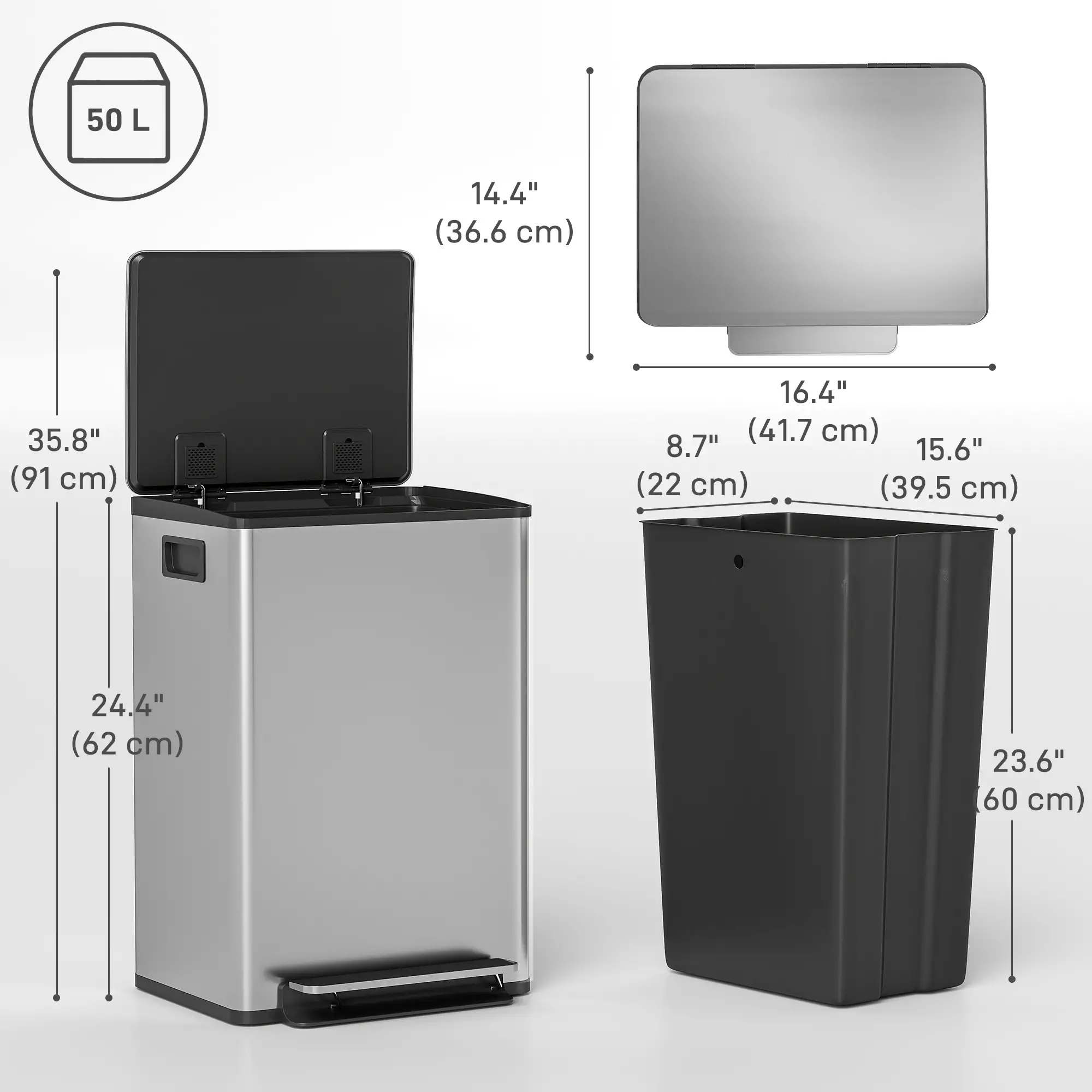 Trash Can with Soft-Close Lid, Garbage Can with Removable Inner Bucket for Kitchen 13.2gal, Silver - Image 3