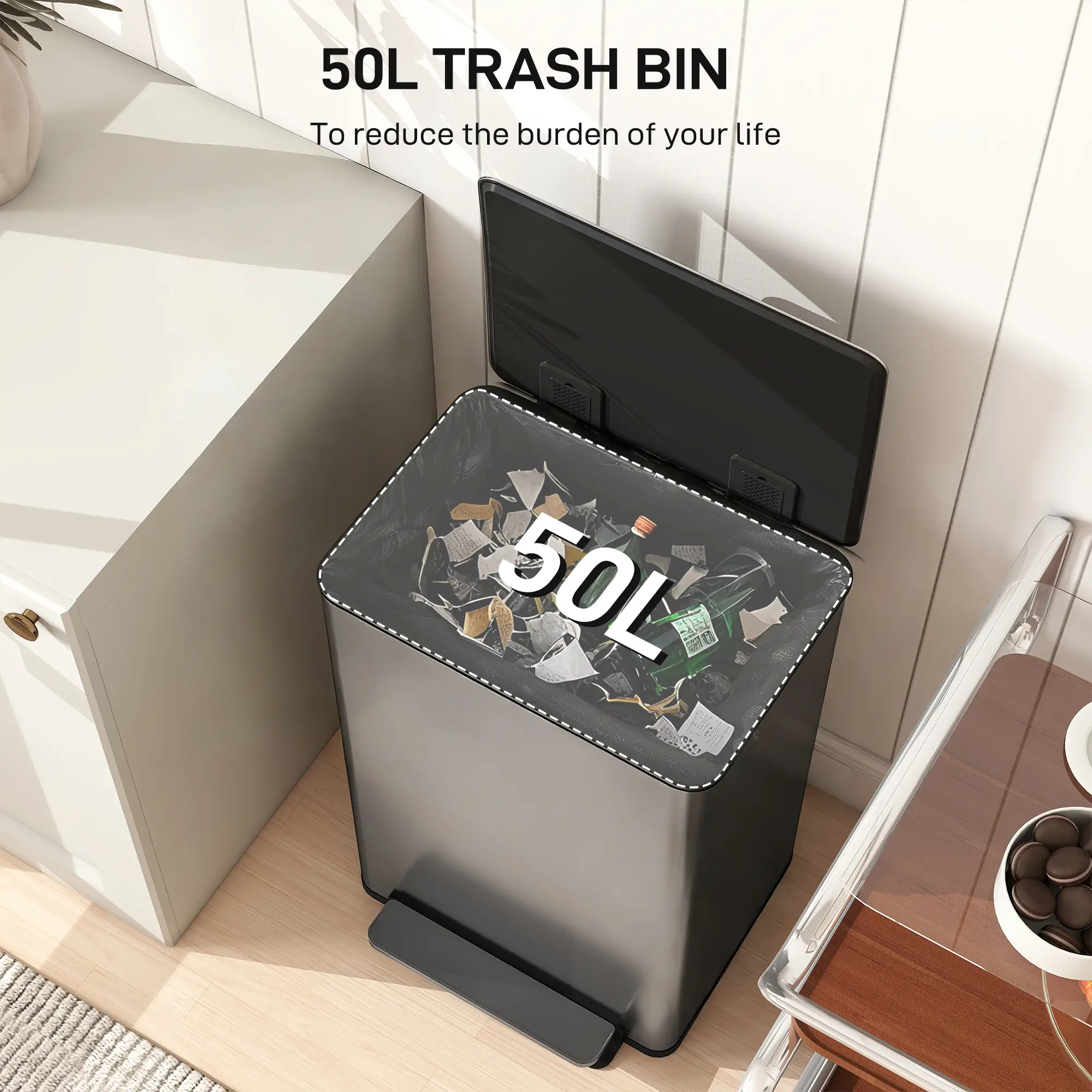 Trash Can with Soft-Close Lid, Garbage Can with Removable Inner Bucket for Kitchen 13.2gal, Silver - Image 4