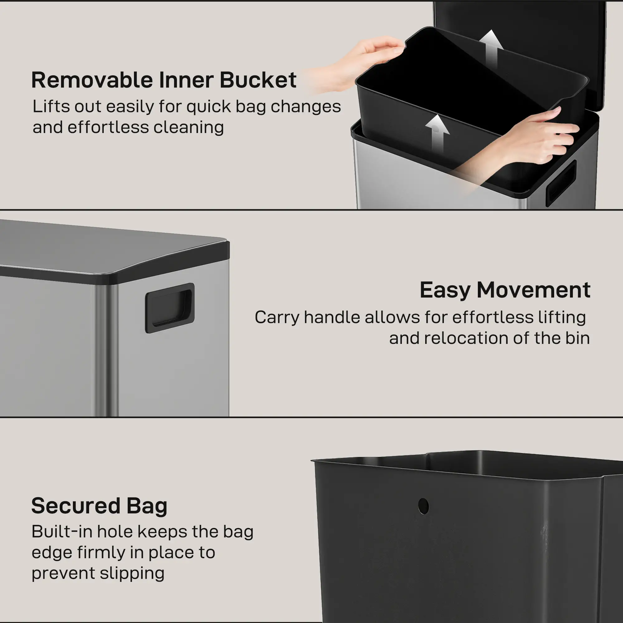 Trash Can with Soft-Close Lid, Garbage Can with Removable Inner Bucket for Kitchen 13.2gal, Silver - Image 6