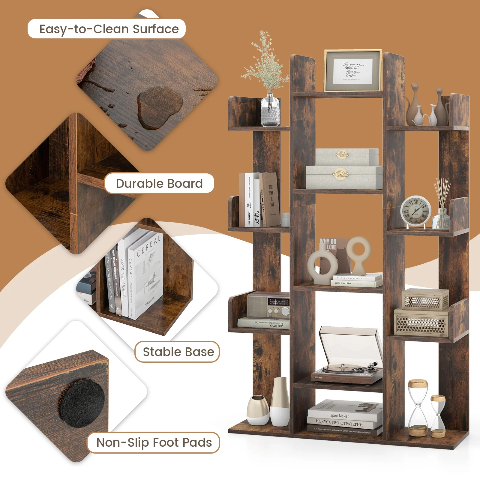 Tree-Shaped Bookshelf, 13 Compartments, Brown - Image 10