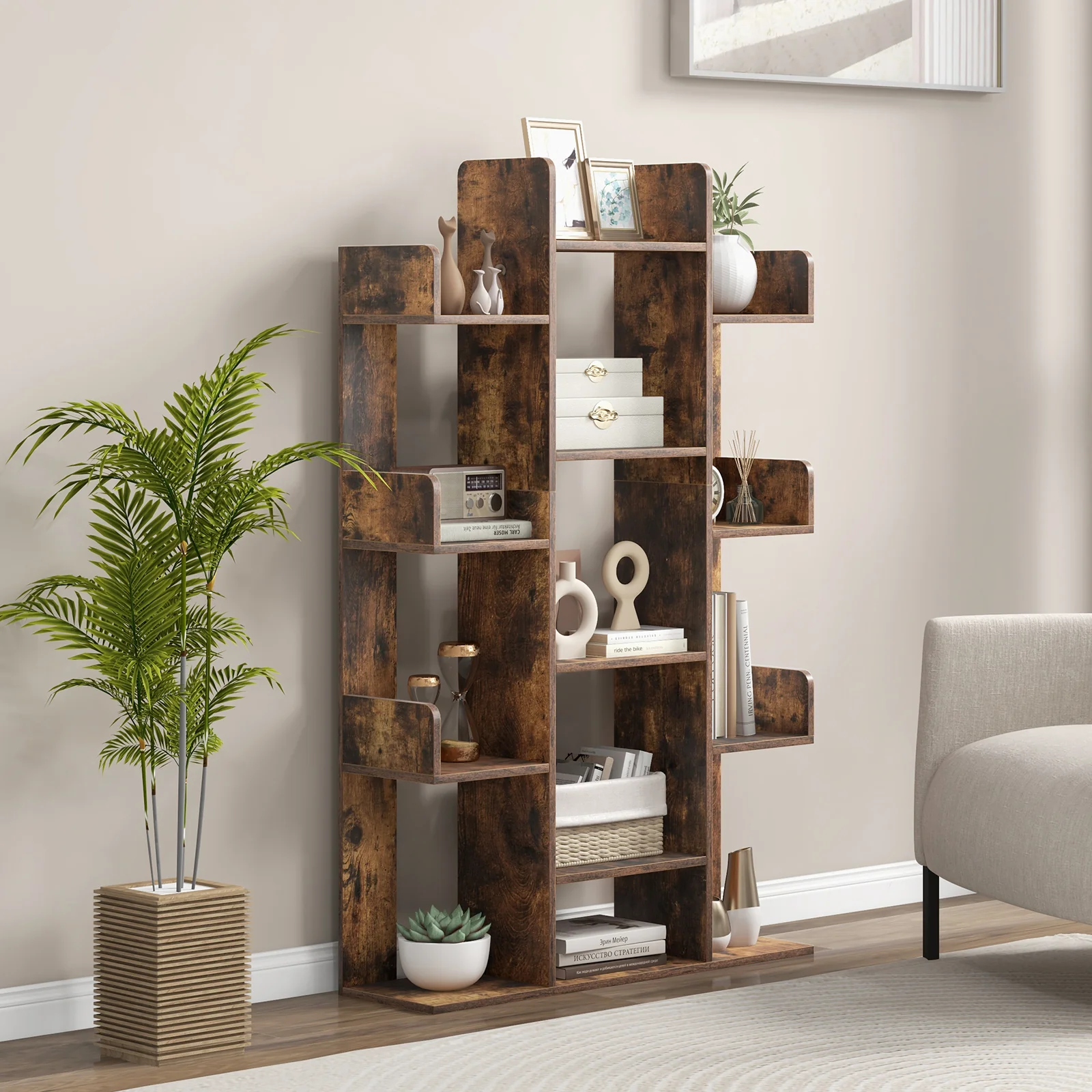 Tree-Shaped Bookshelf, 13 Compartments, Brown - Image 2