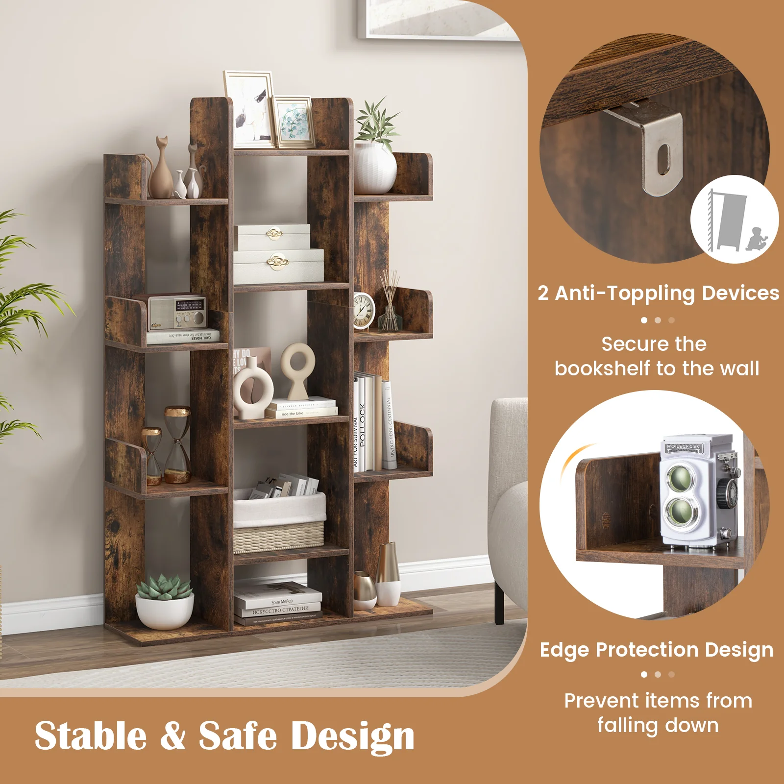 Tree-Shaped Bookshelf, 13 Compartments, Brown - Image 8