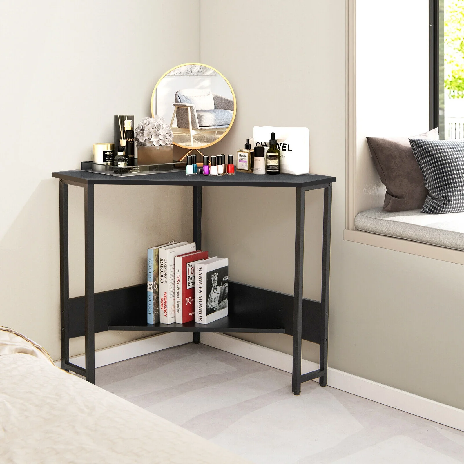 Triangle Computer Corner Desk With Charging Station, Black - Image 8