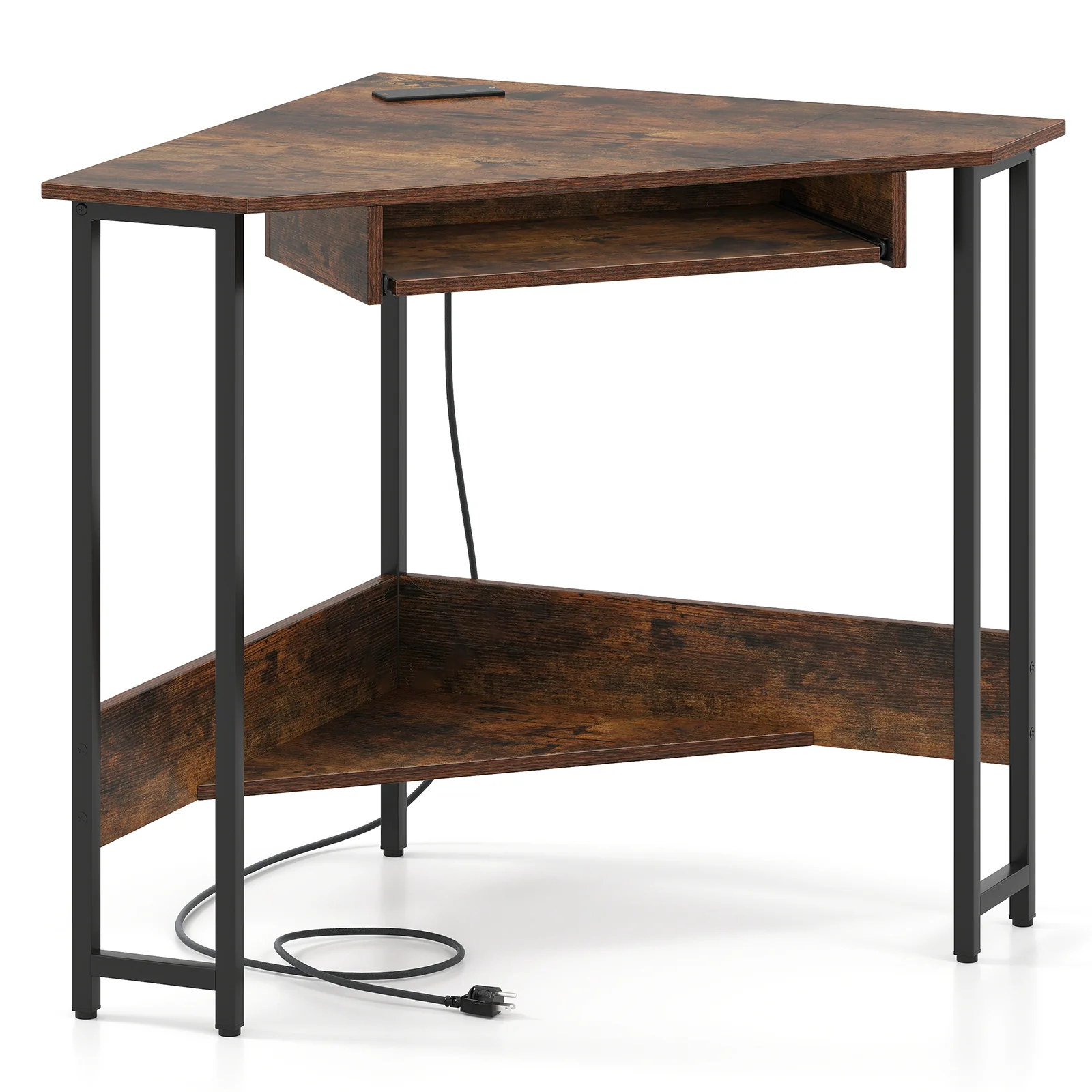 Triangle Corner Desk With Charging Station, Rustic Brown - Image 4
