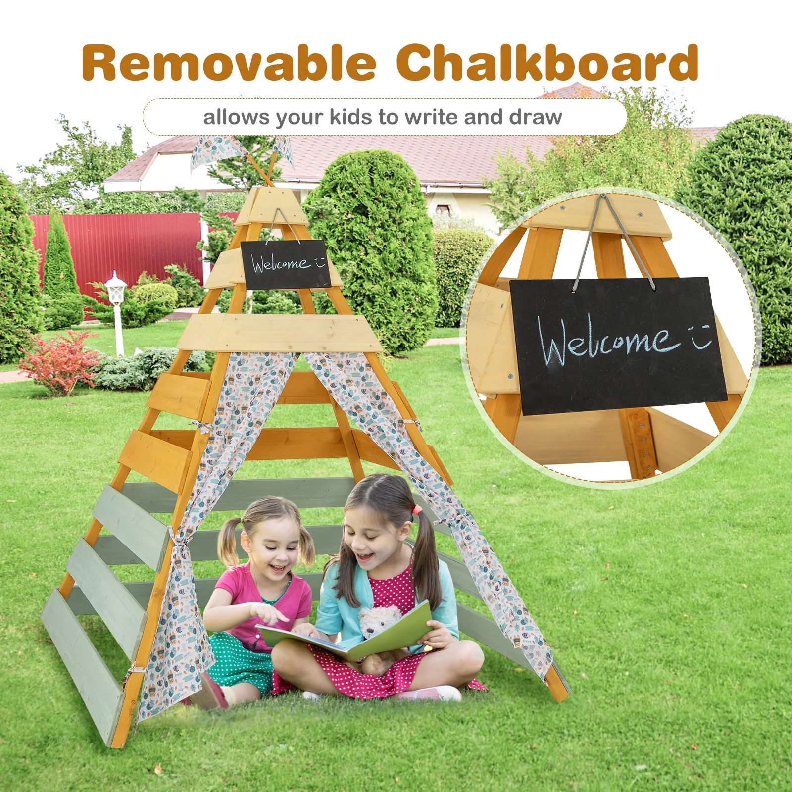 Triangle Hideaway Playhouse, Removable Chalkboard, Indoor Outdoor, Multicolor - Image 9
