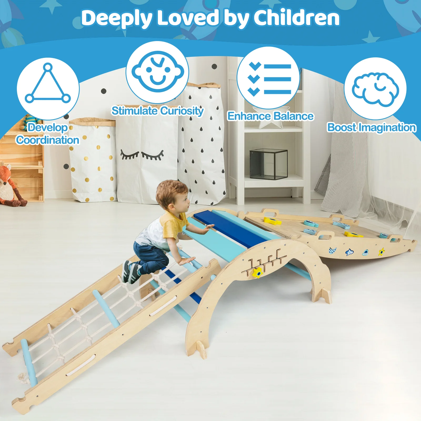 Triangle Set 8-in-1 Foldable Baby Climbing Toys Astronaut/Unicorn Theme, Blue - Image 10
