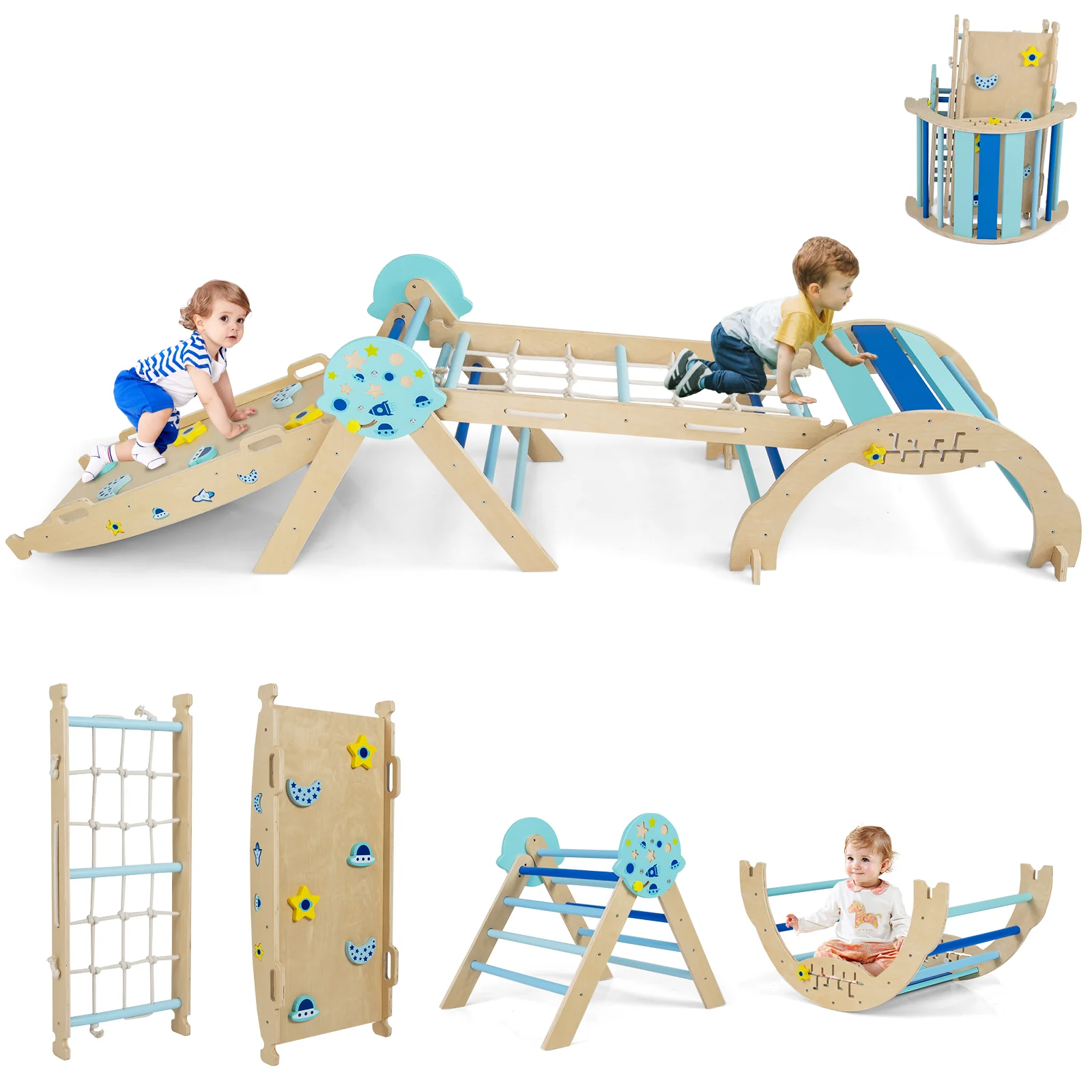 Triangle Set 8-in-1 Foldable Baby Climbing Toys Astronaut/Unicorn Theme, Blue - Image 2
