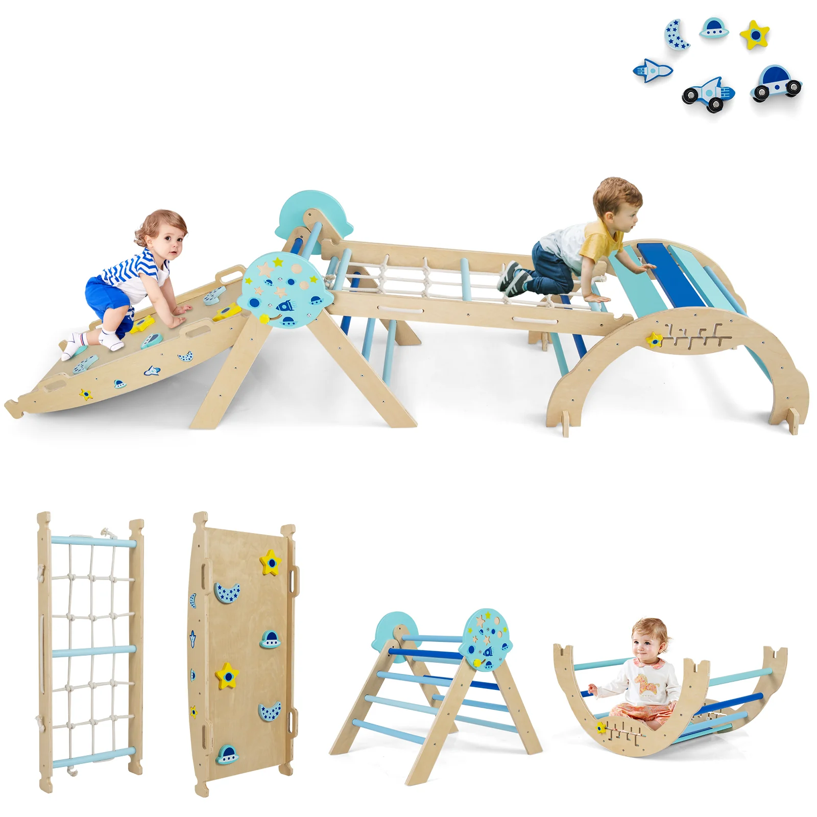 Triangle Set 8-in-1 Foldable Baby Climbing Toys Astronaut/Unicorn Theme, Blue - Image 3