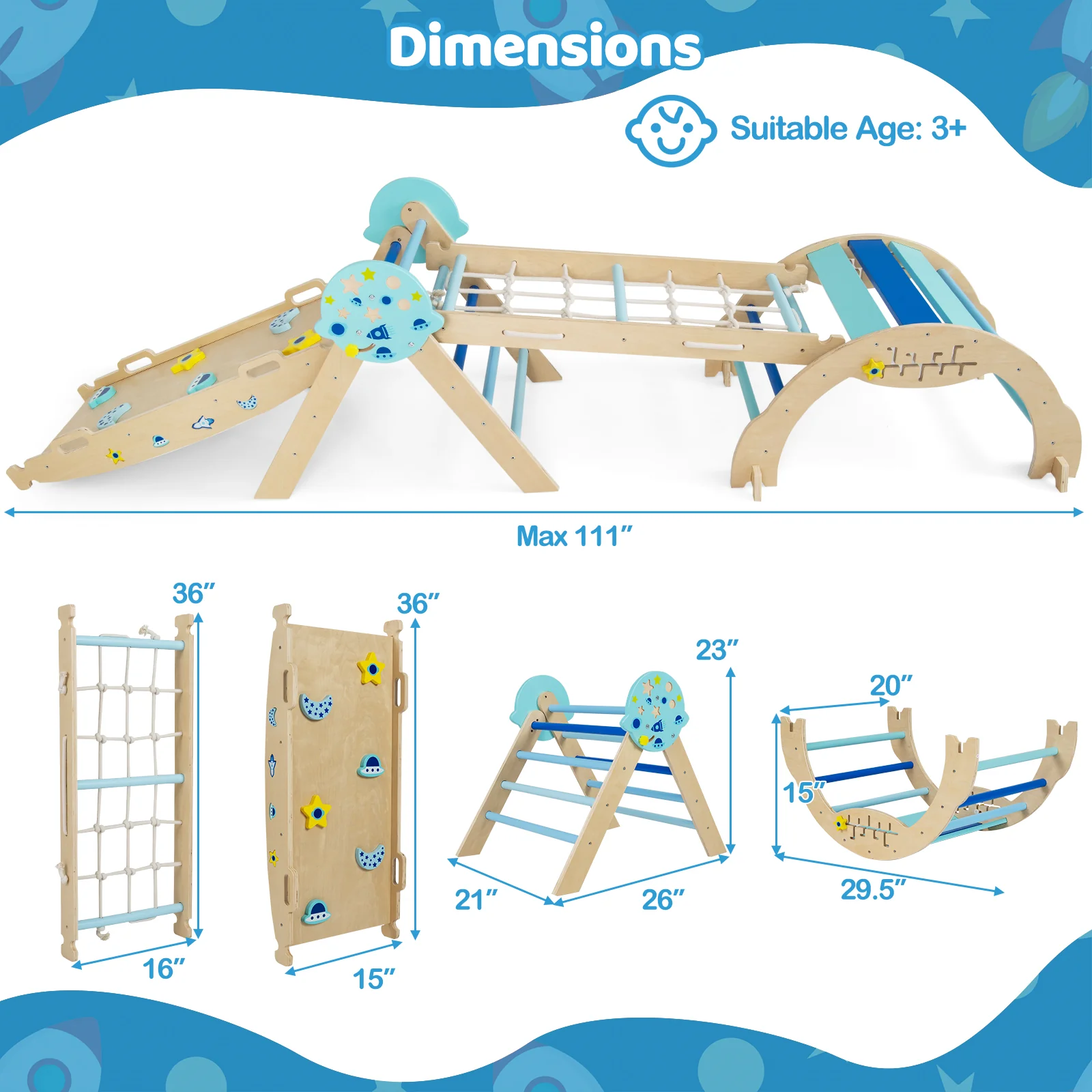 Triangle Set 8-in-1 Foldable Baby Climbing Toys Astronaut/Unicorn Theme, Blue - Image 4