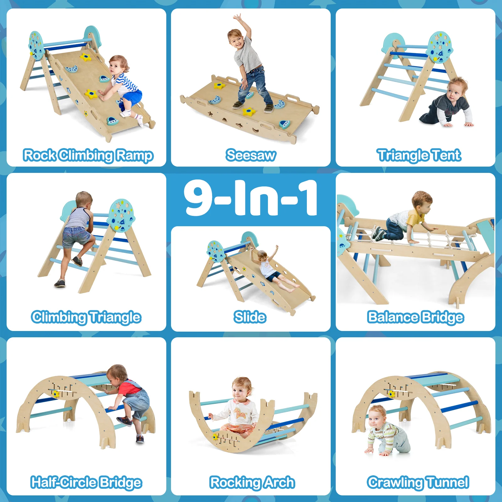 Triangle Set 8-in-1 Foldable Baby Climbing Toys Astronaut/Unicorn Theme, Blue - Image 5