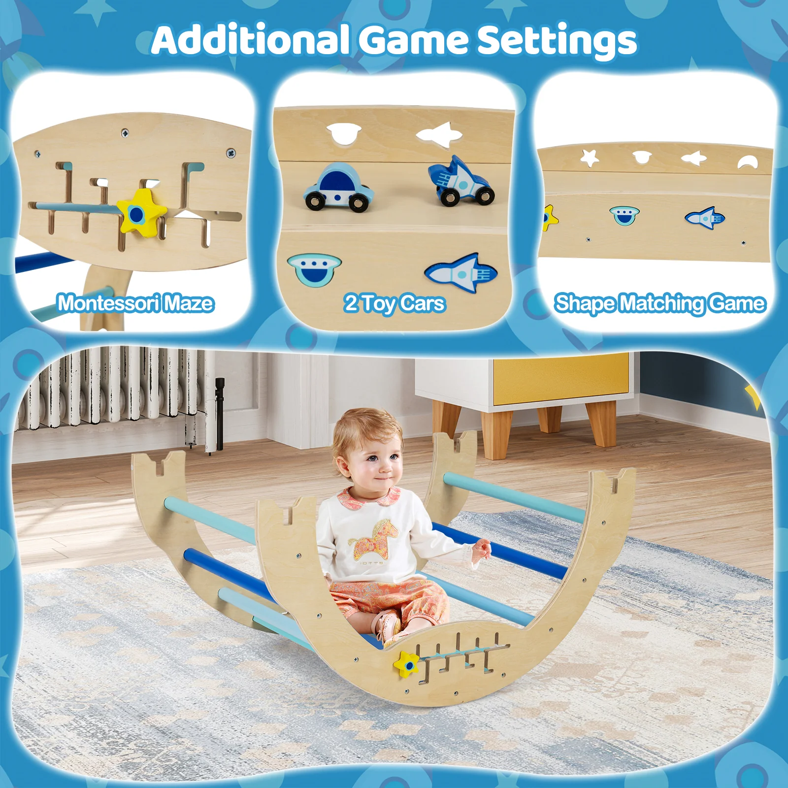 Triangle Set 8-in-1 Foldable Baby Climbing Toys Astronaut/Unicorn Theme, Blue - Image 6