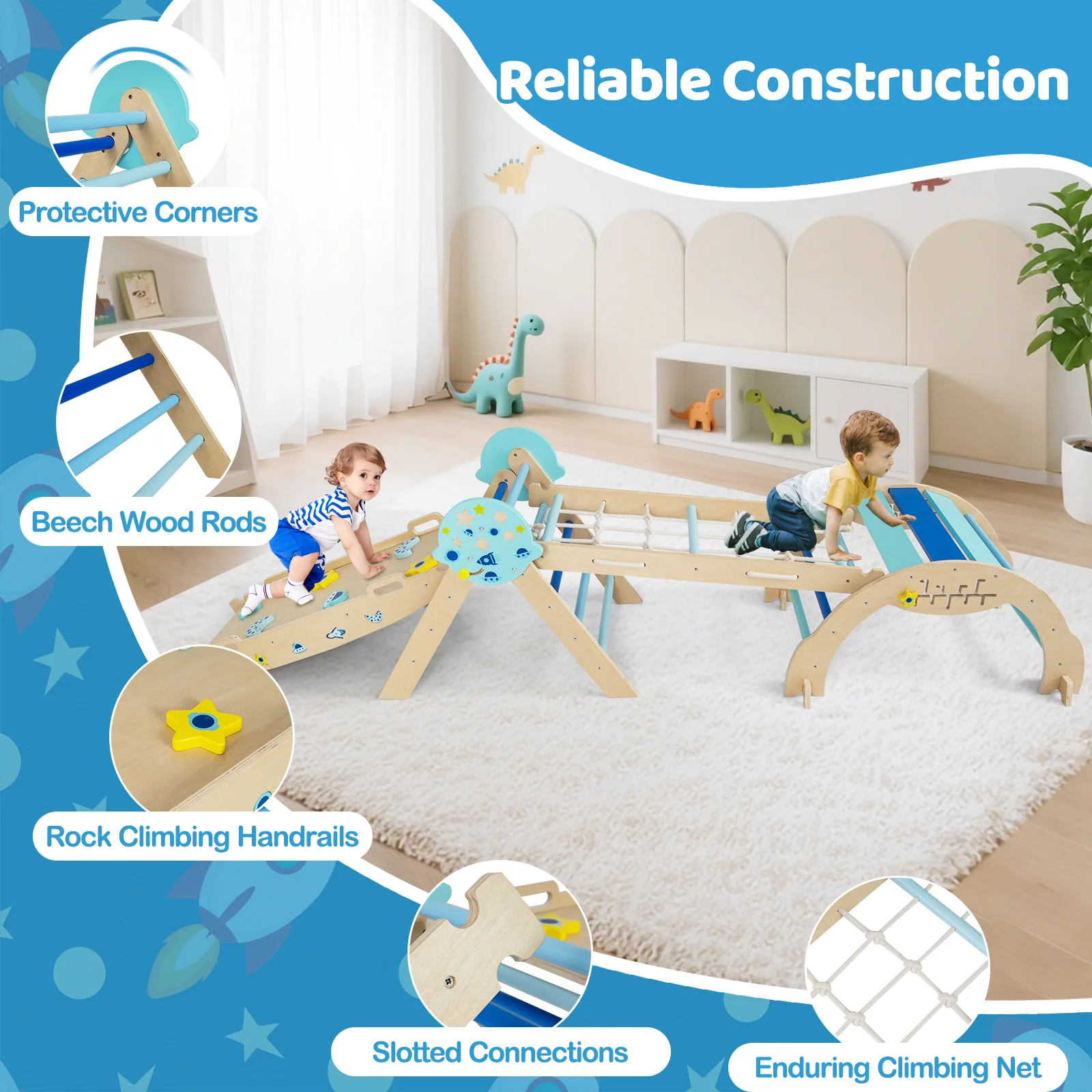 Triangle Set 8-in-1 Foldable Baby Climbing Toys Astronaut/Unicorn Theme, Blue - Image 7