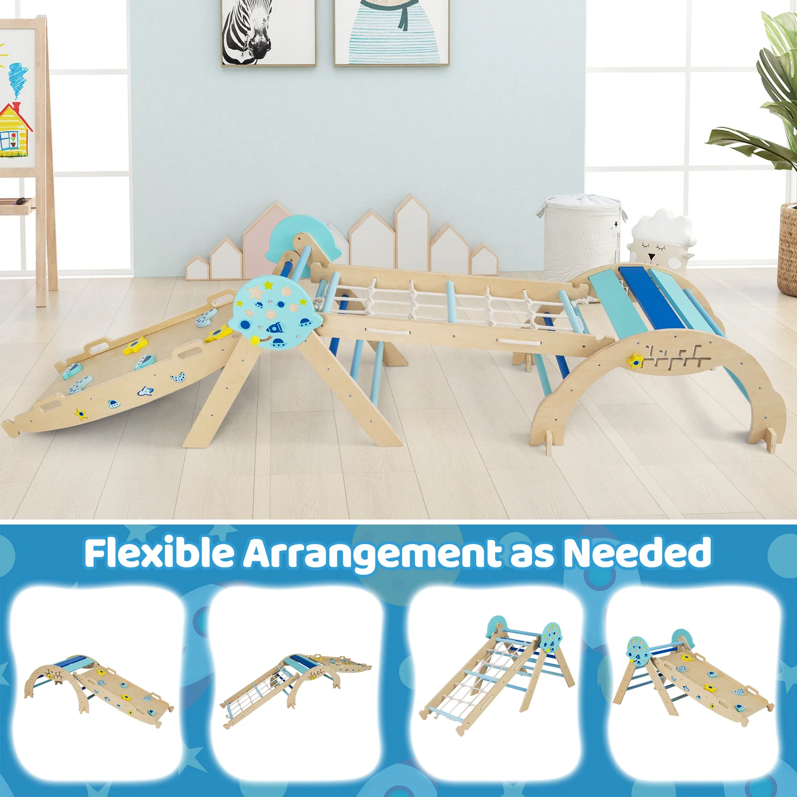 Triangle Set 8-in-1 Foldable Baby Climbing Toys Astronaut/Unicorn Theme, Blue - Image 9