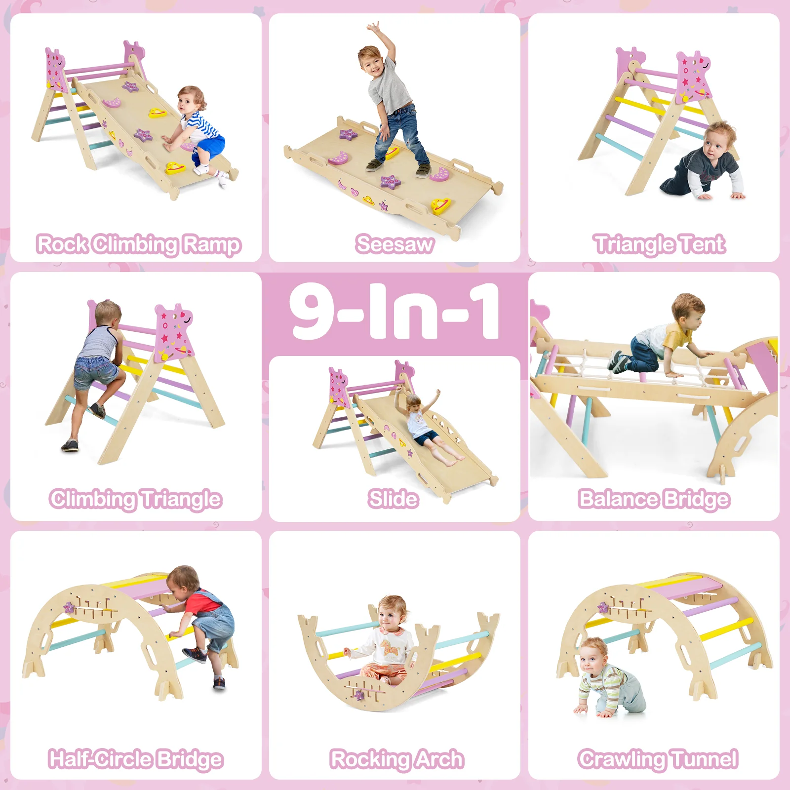 Triangle Set 8-in-1 Foldable Baby Climbing Toys Unicorn Theme, Pink - Image 5