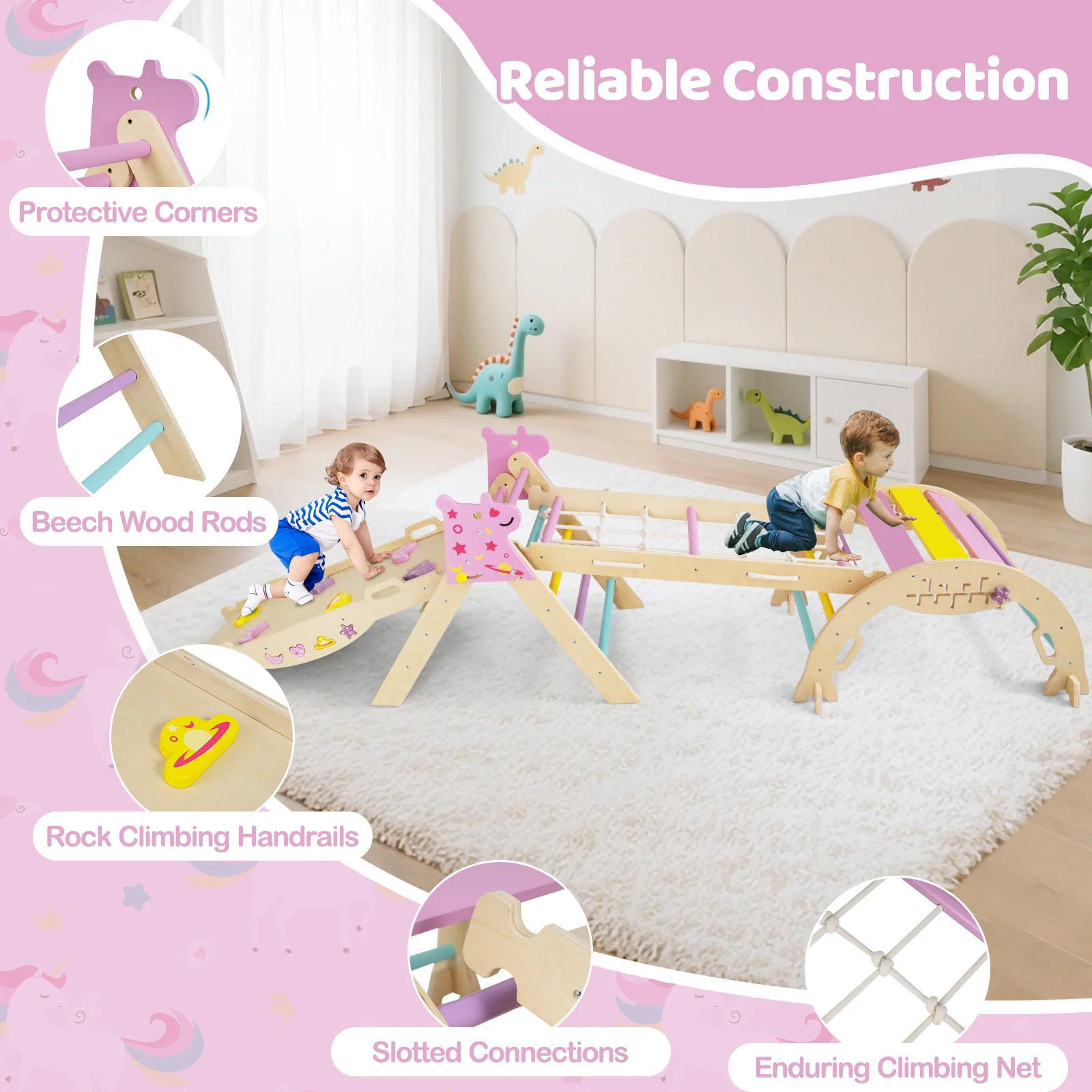 Triangle Set 8-in-1 Foldable Baby Climbing Toys Unicorn Theme, Pink - Image 7