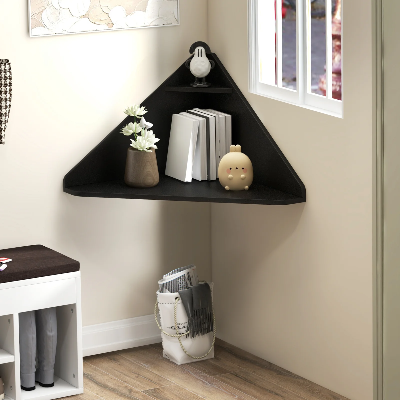 Triangular Corner Computer Desk With Storage Shelf, Black - Image 2