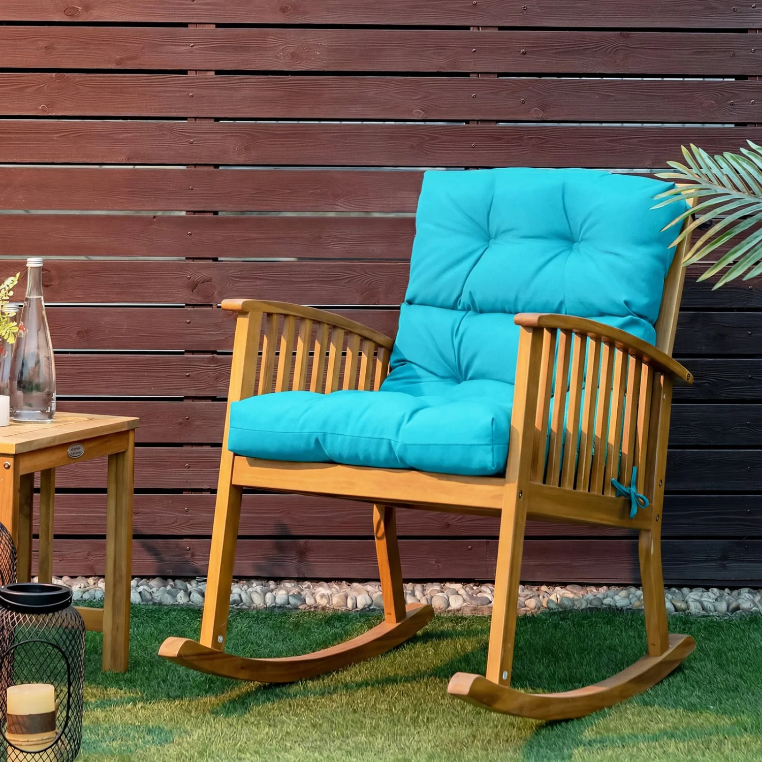 Tufted Patio High Back Chair Cushion with Non-Slip String Ties, Turquoise - Image 2