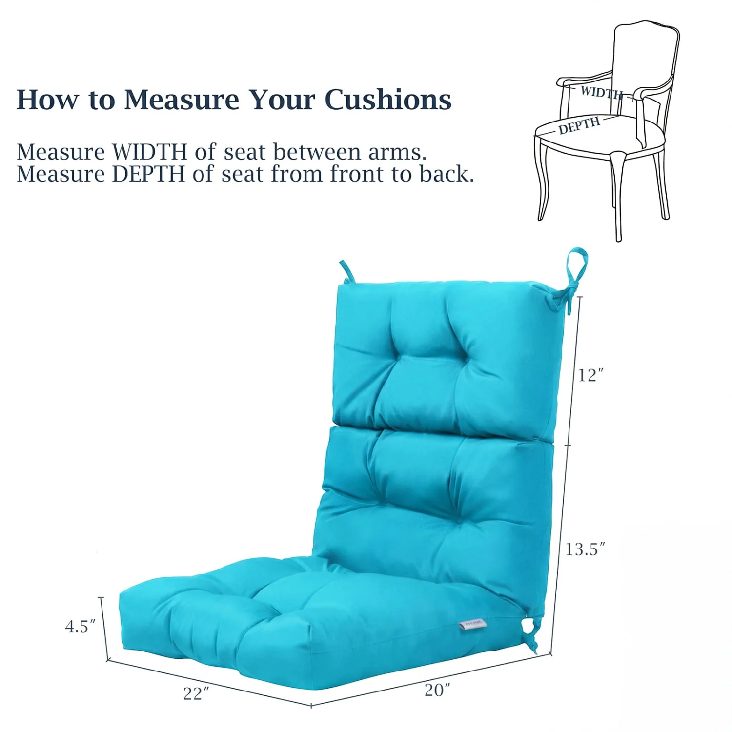 Tufted Patio High Back Chair Cushion with Non-Slip String Ties, Turquoise - Image 5