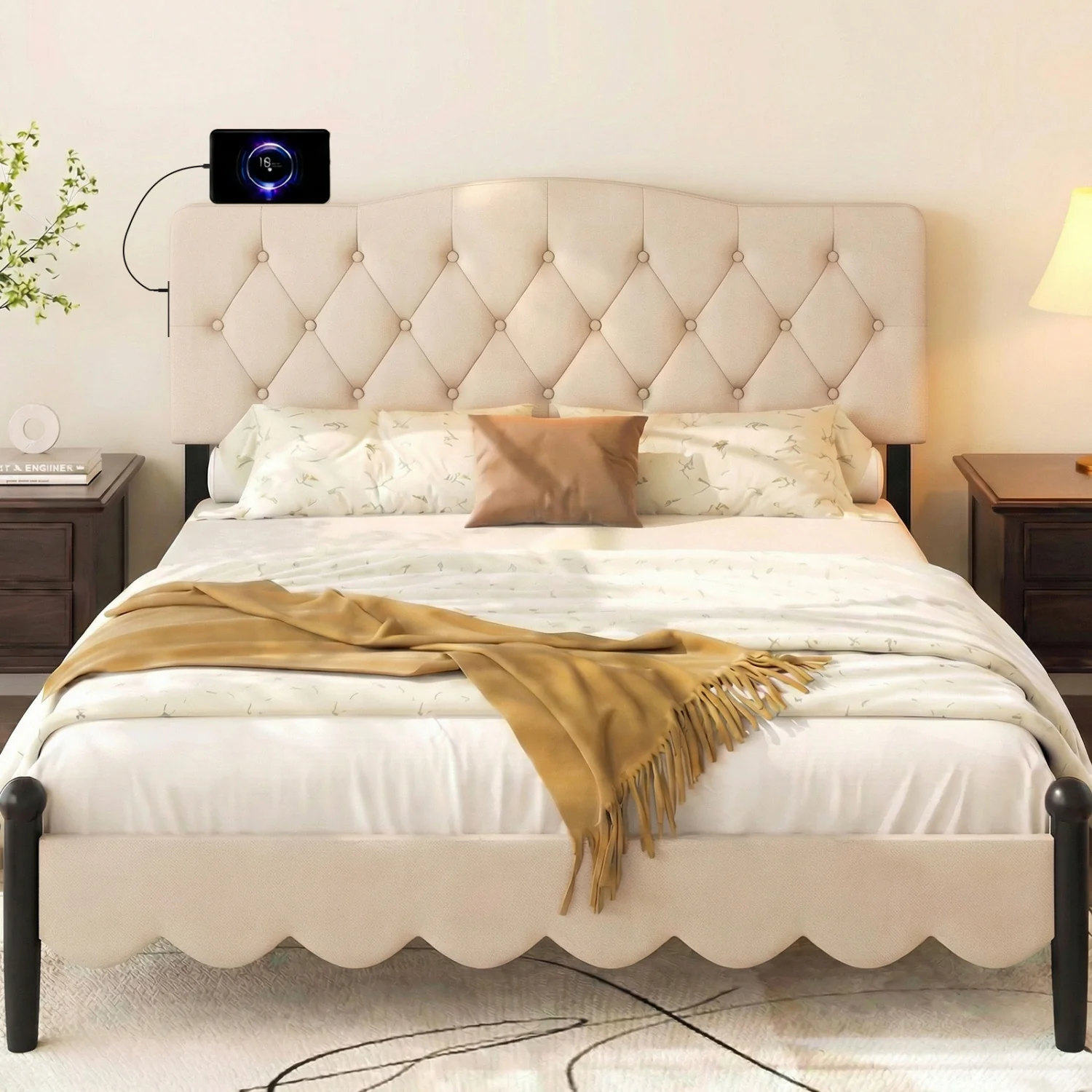 Tufted Upholstered Headboard, Queen Full Size, 2 AC Outlets, Beige - Image 2