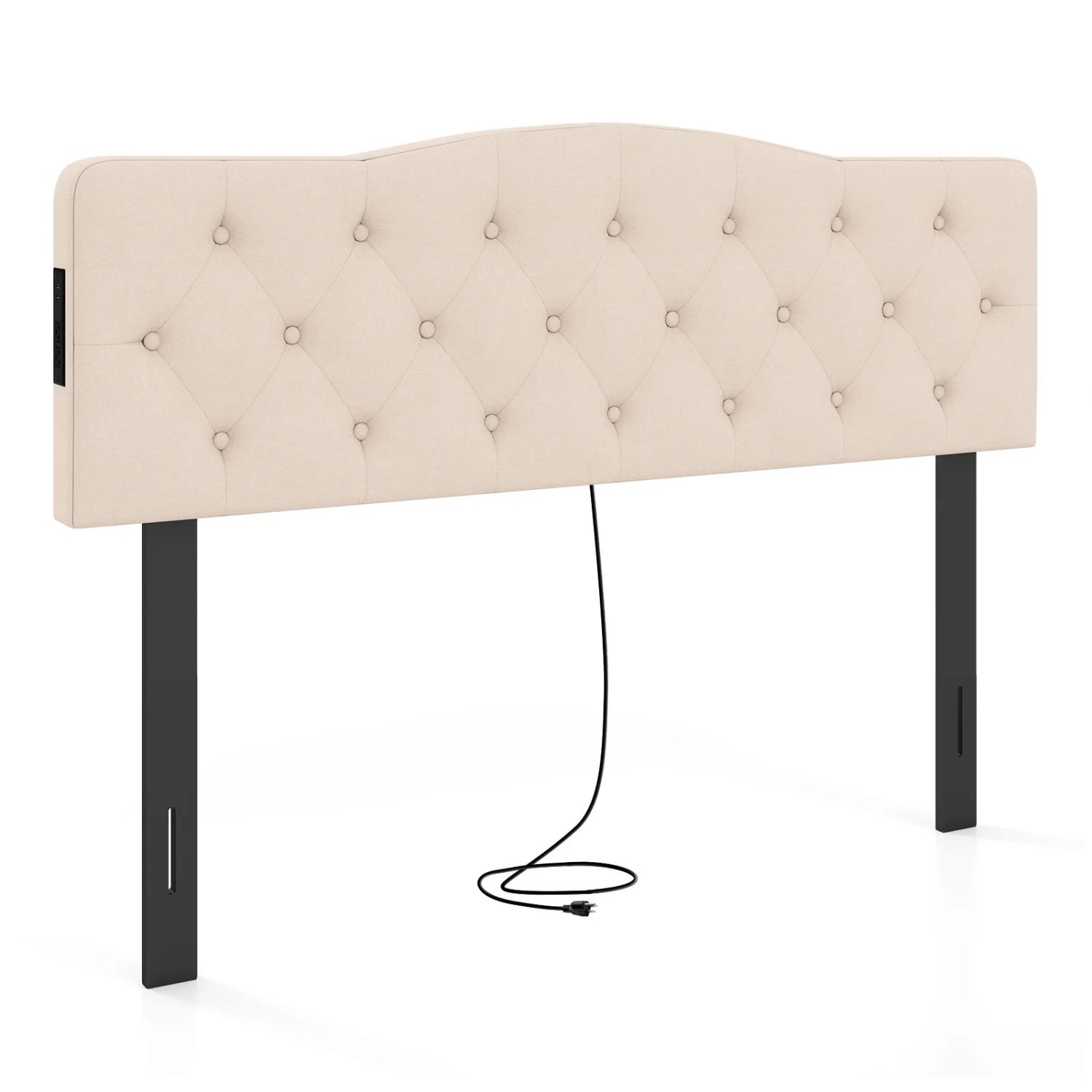 Tufted Upholstered Headboard, Queen Full Size, 2 AC Outlets, Beige - Image 4