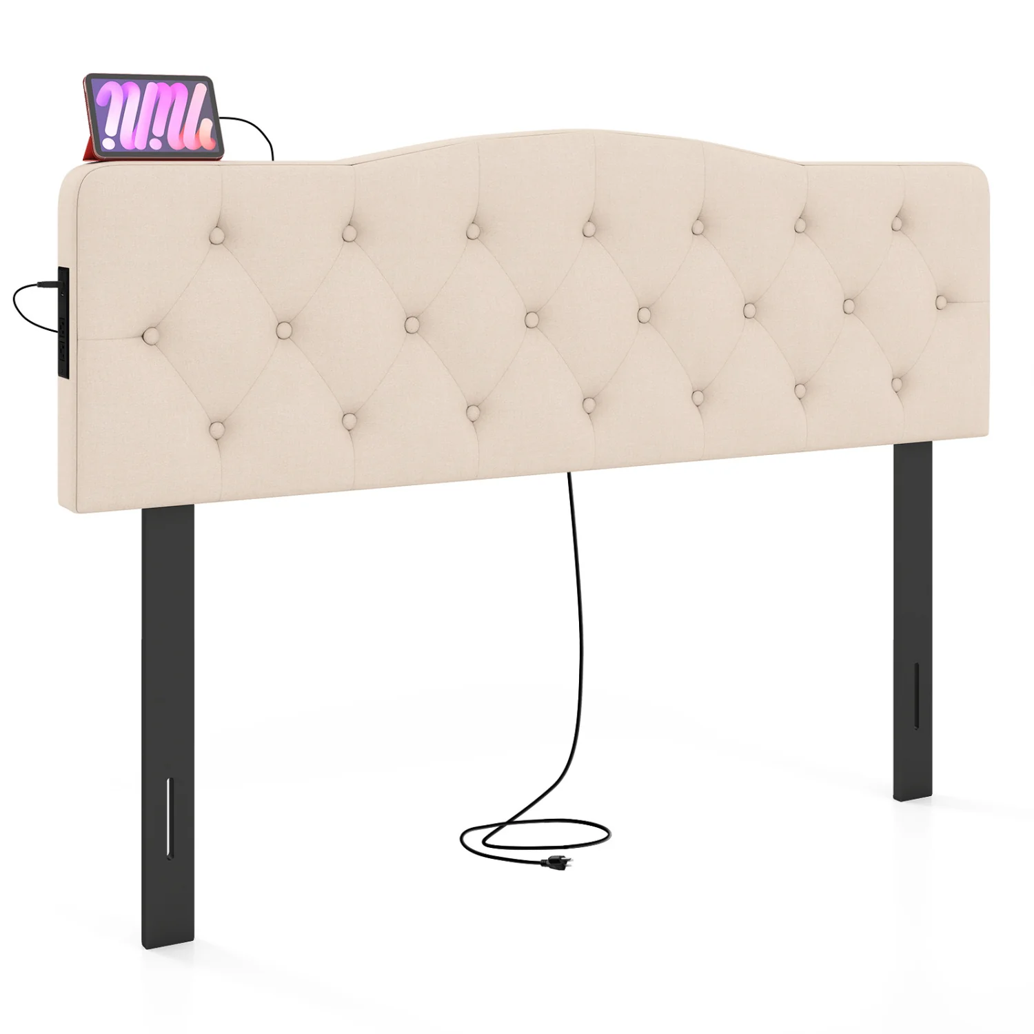 Tufted Upholstered Headboard, Queen Full Size, 2 AC Outlets, Beige - Image 5