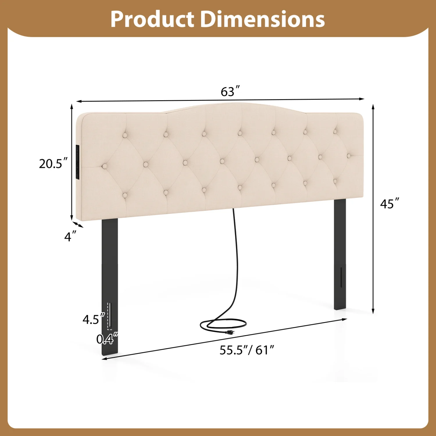 Tufted Upholstered Headboard, Queen Full Size, 2 AC Outlets, Beige - Image 6