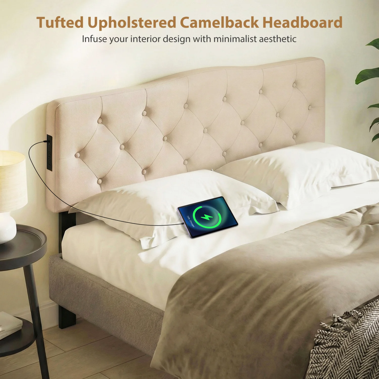 Tufted Upholstered Headboard, Queen Full Size, 2 AC Outlets, Beige - Image 9
