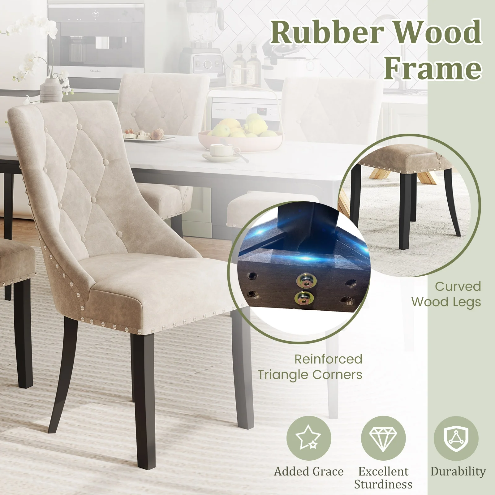 Tufted Wingback Upholstered Dining Chairs, Set of 2, Light Brown - Image 10