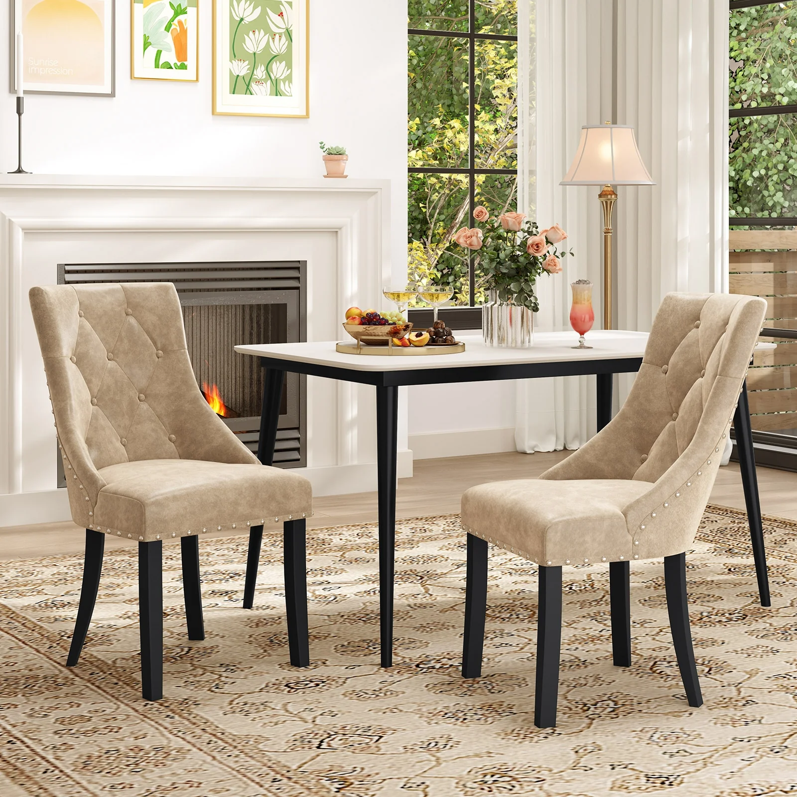 Tufted Wingback Upholstered Dining Chairs, Set of 2, Light Brown - Image 2