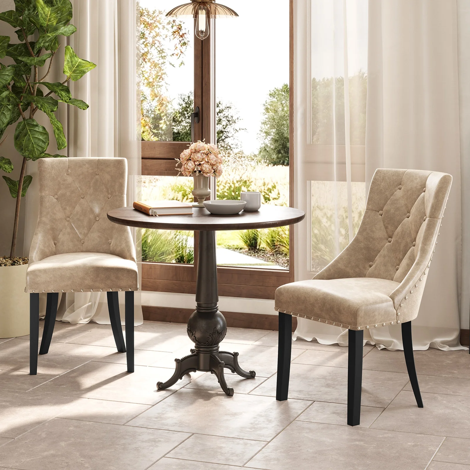 Tufted Wingback Upholstered Dining Chairs, Set of 2, Light Brown - Image 3