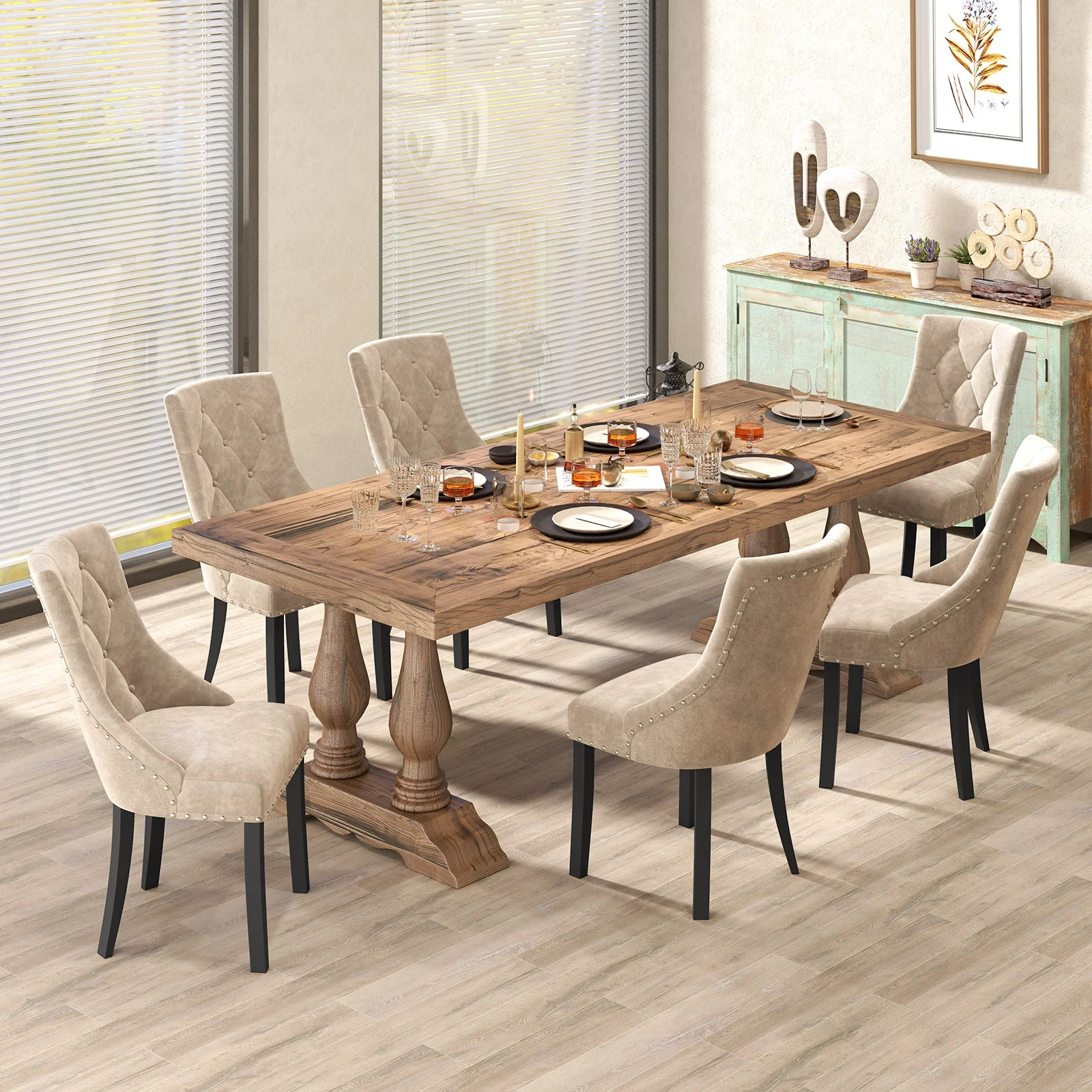 Tufted Wingback Upholstered Dining Chairs, Set of 2, Light Brown - Image 7