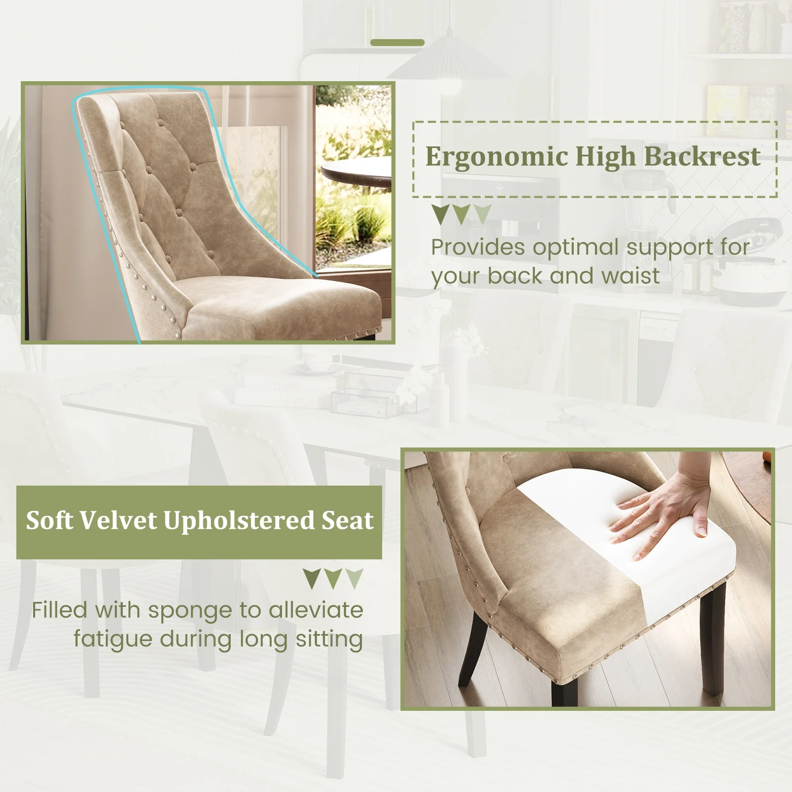 Tufted Wingback Upholstered Dining Chairs, Set of 2, Light Brown - Image 8