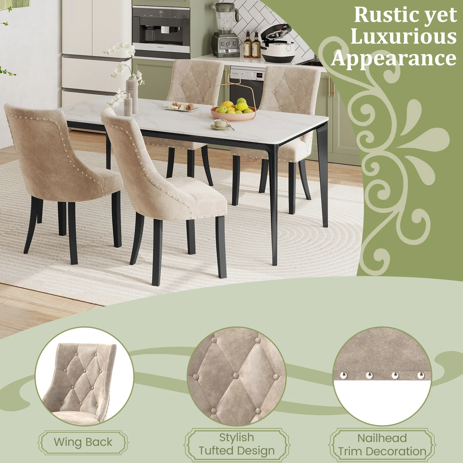 Tufted Wingback Upholstered Dining Chairs, Set of 2, Light Brown - Image 9