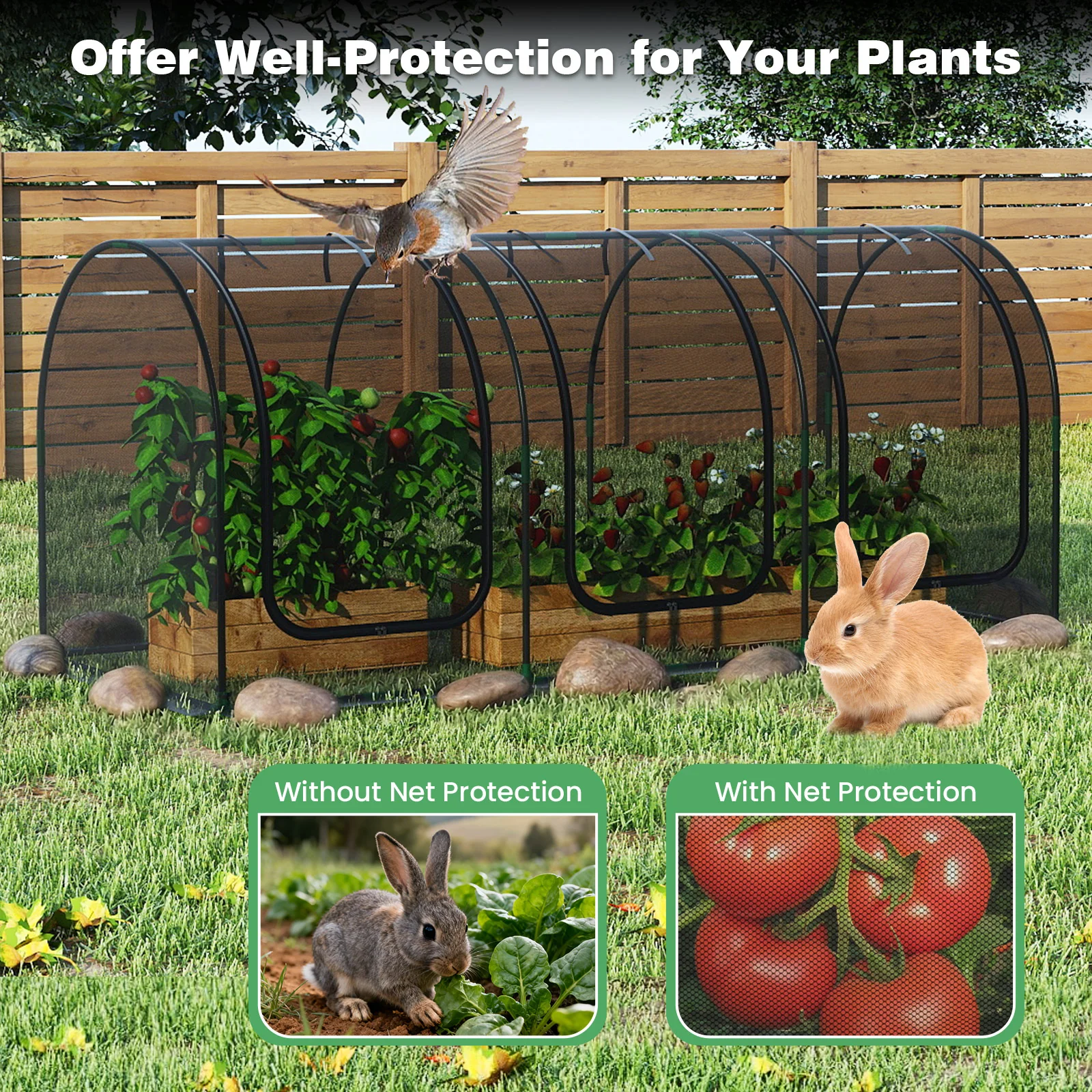 Tunnel Crop Cage Large Portable Plant Protection Tent with 3 Roll-up Zippered Doors - Image 7