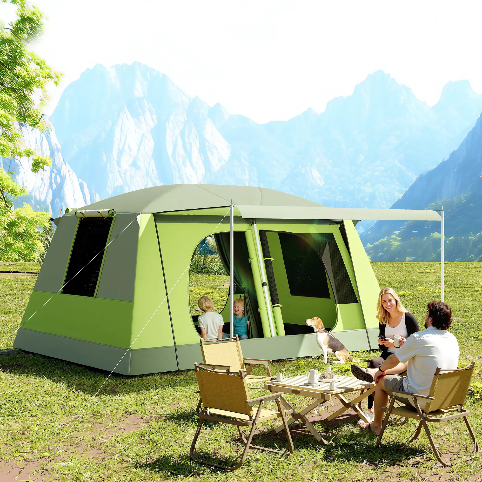 Tunnel Tent Camping Shelter, Two Rooms, Lamp Hook, Portable, Green - Image 2