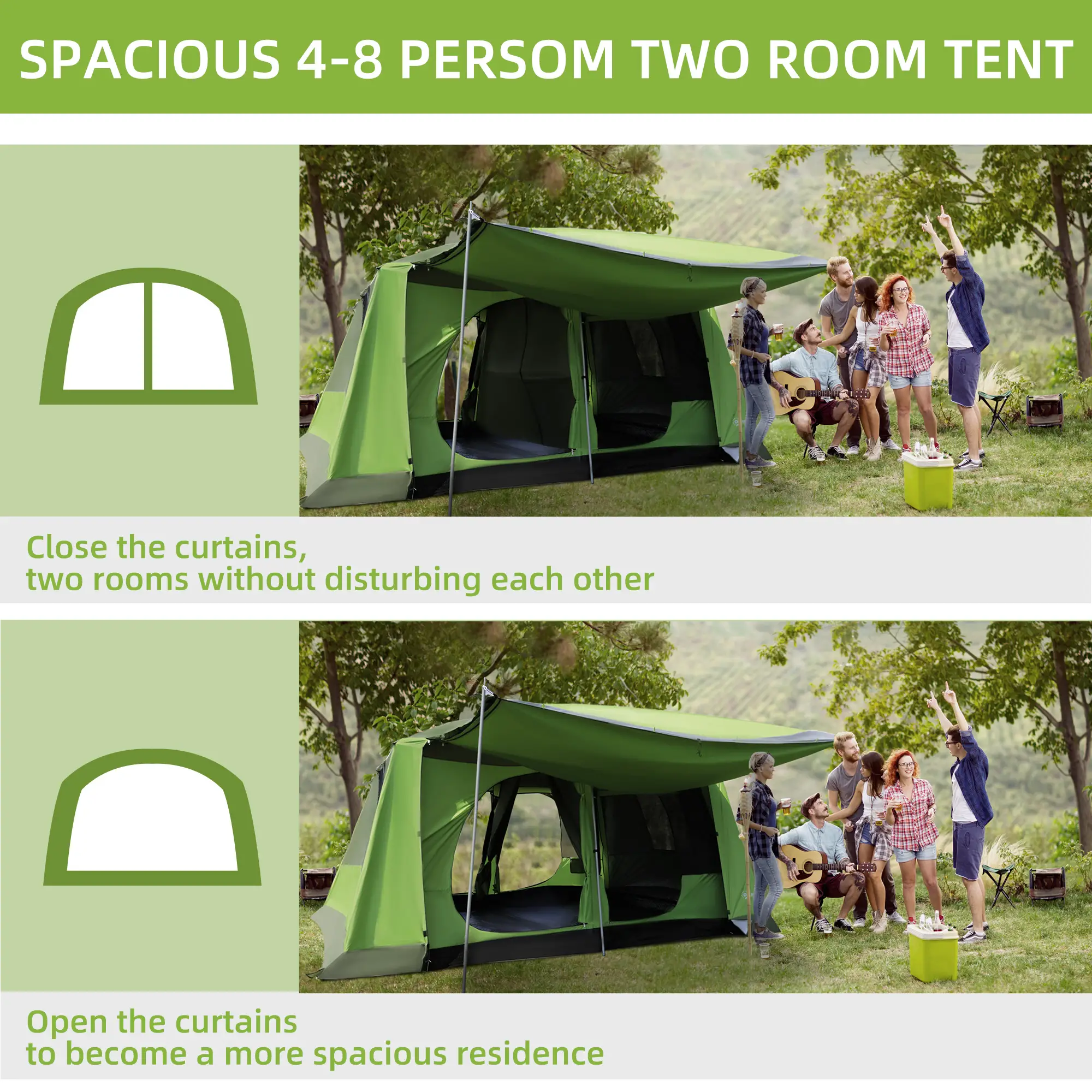 Tunnel Tent Camping Shelter, Two Rooms, Lamp Hook, Portable, Green - Image 4