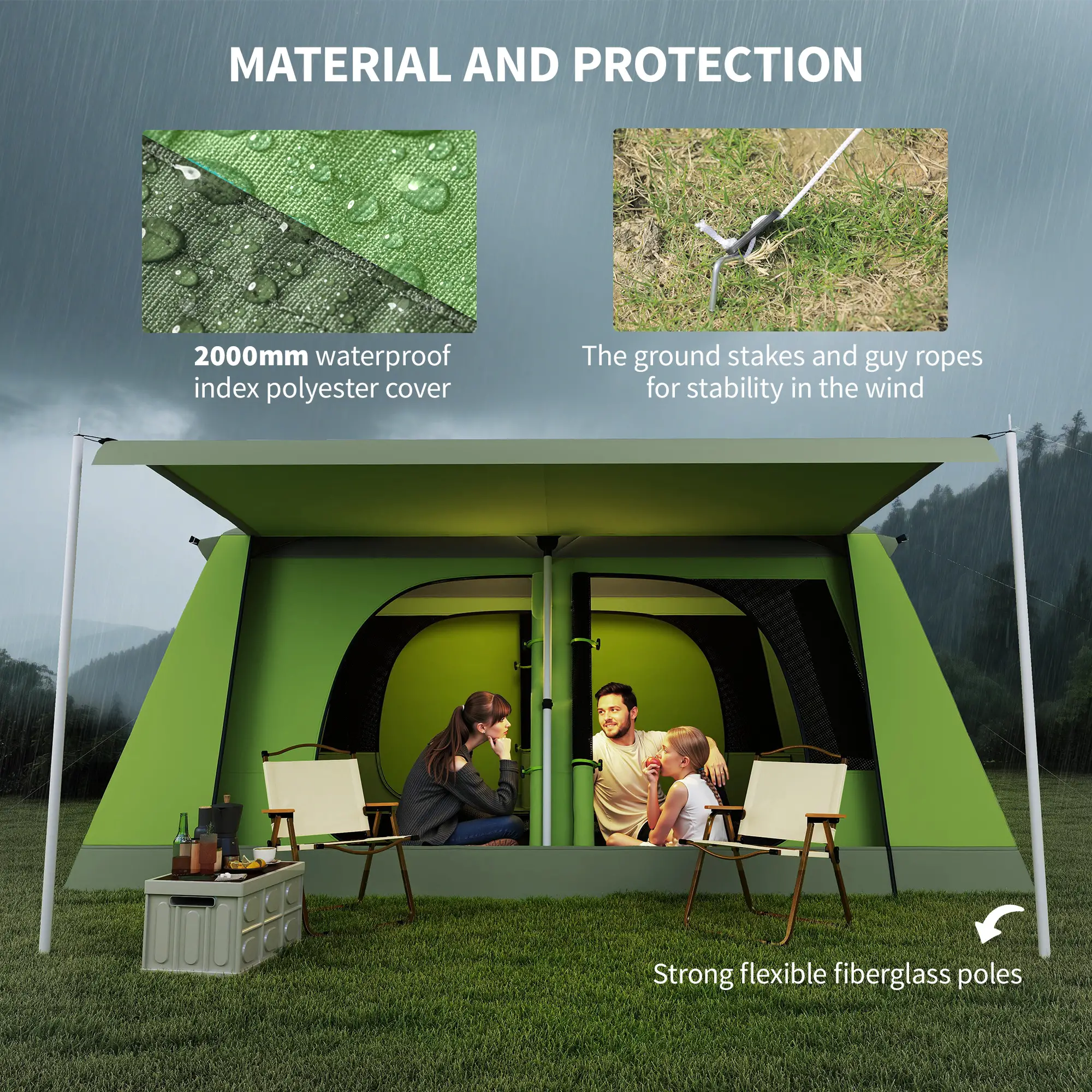 Tunnel Tent Camping Shelter, Two Rooms, Lamp Hook, Portable, Green - Image 5