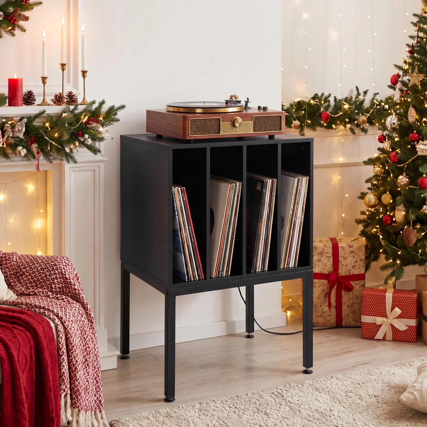 Turntable Record Player Stand With Power Outlets, Black - Image 3