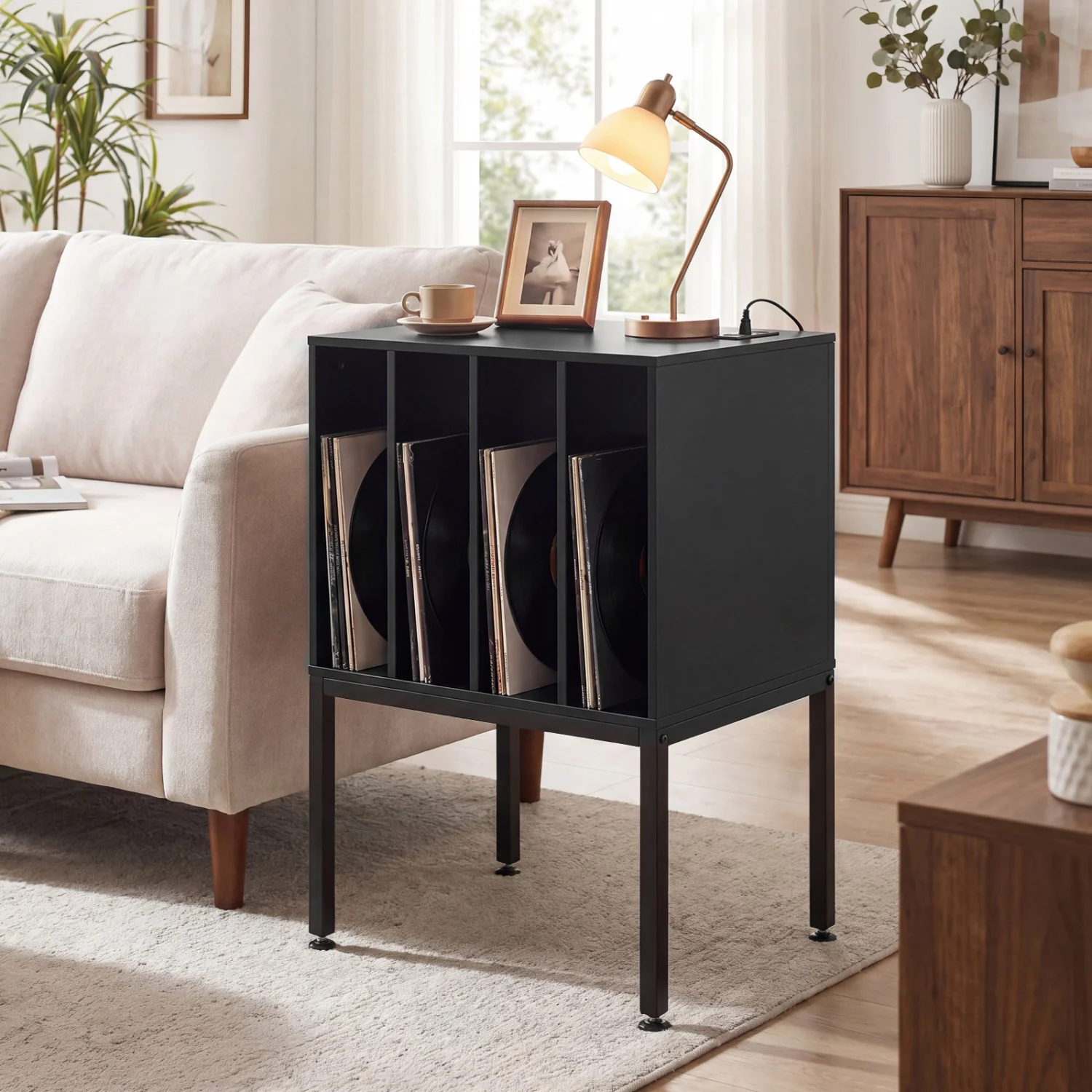 Turntable Record Player Stand With Power Outlets, Black - Image 6