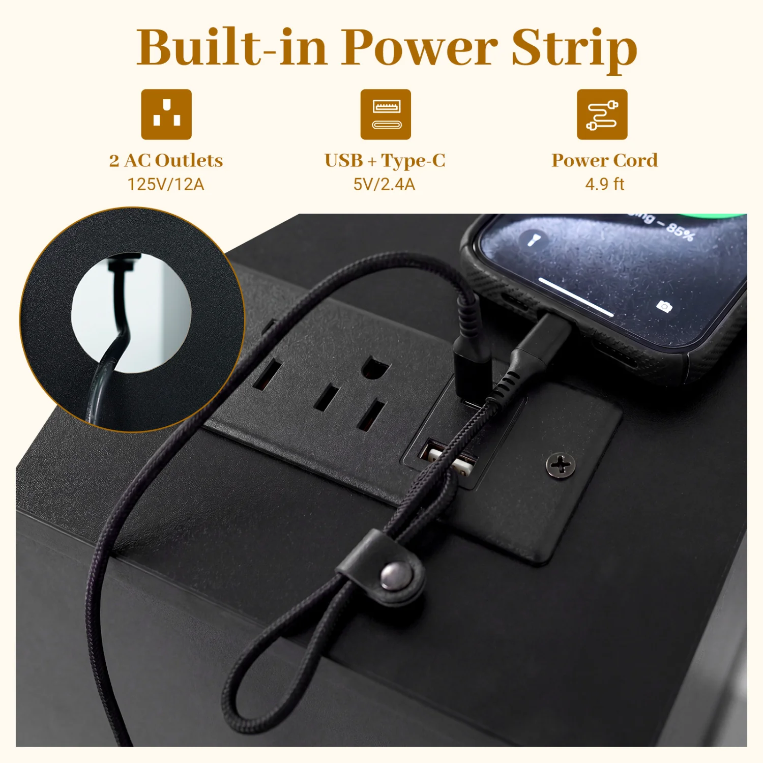 Turntable Record Player Stand With Power Outlets, Black - Image 7