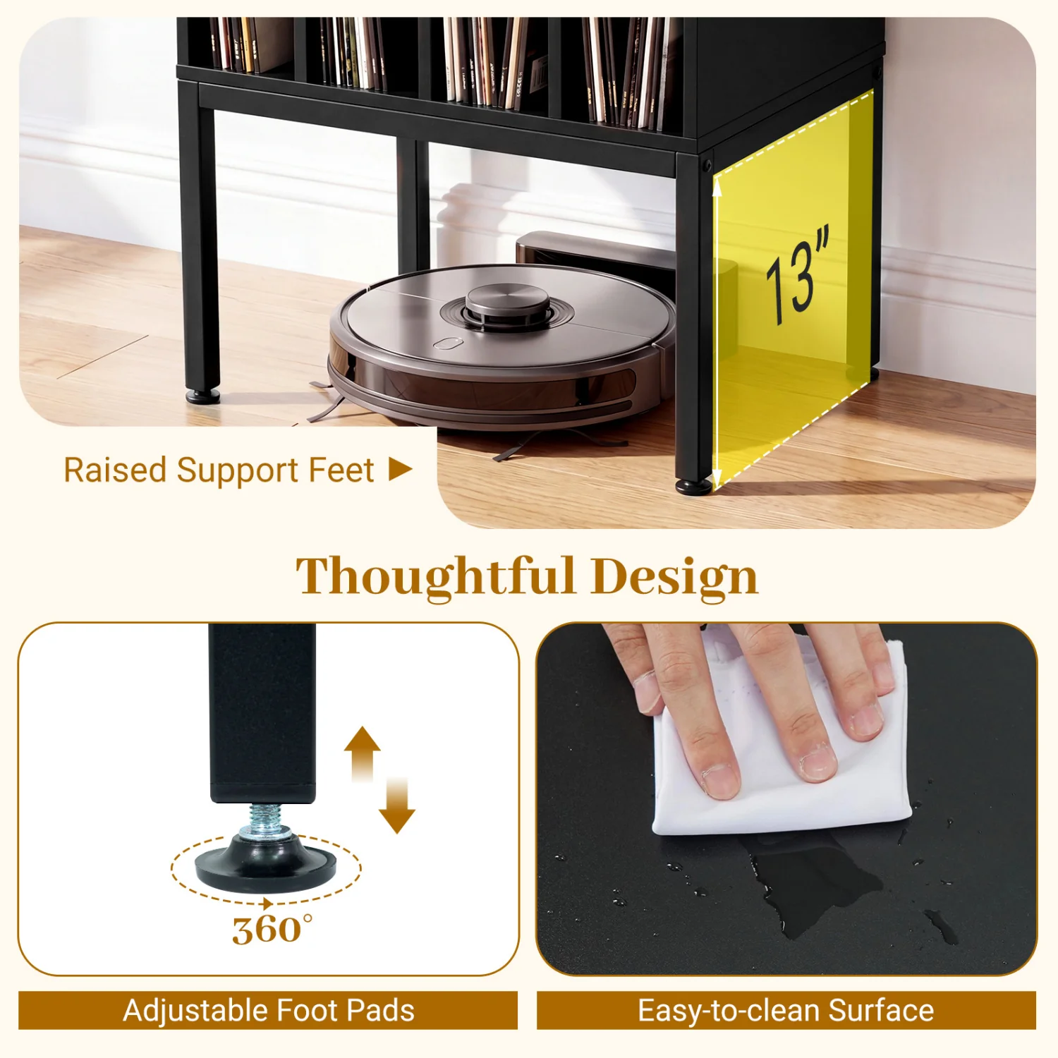 Turntable Record Player Stand With Power Outlets, Black - Image 9